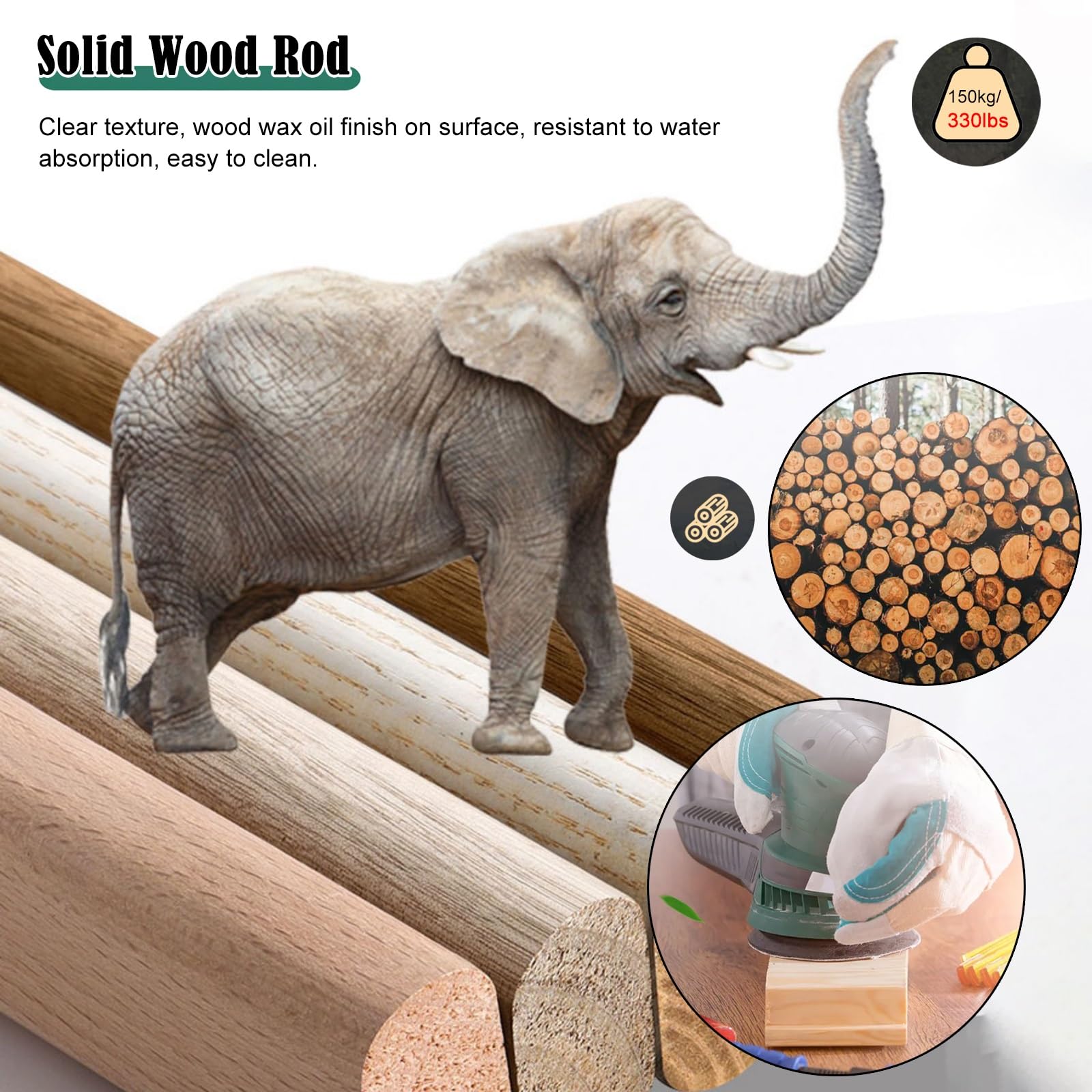 Solid Beech Wood Closet Rod - Round Wardrobe Hanging Pole With End Supports, Cut To Fit (50cm To 150cm)