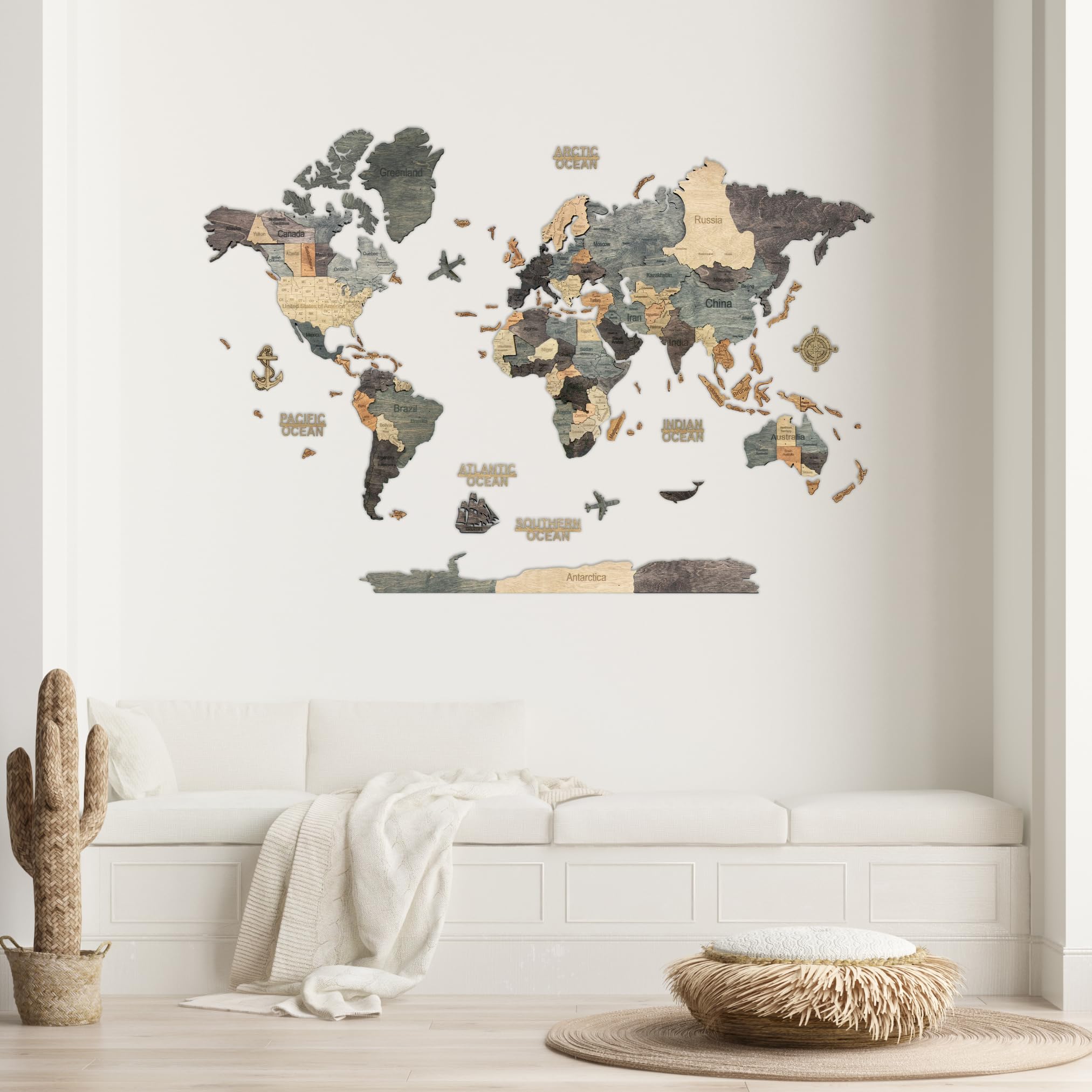 Mappa Del Mondo 3D In Legno Da Parete - Decorazione Artistica, 100x57 Cm - Foto 5
