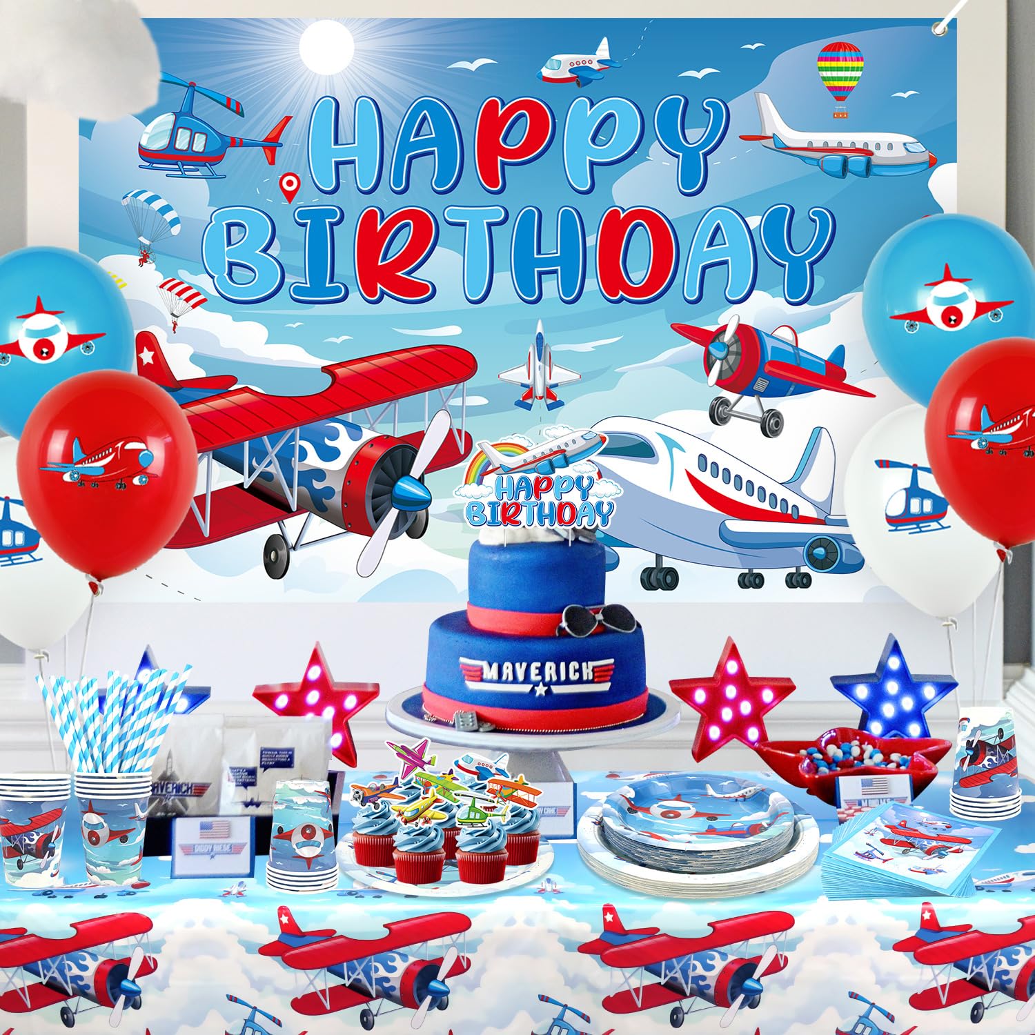 Aeroplano Compleanno Decorazioni per Partito Aeroplano Accessori Partito Piatto Tazze Tovaglioli Tovaglia Buon Compleanno Sfondo Palloncino Torta Toppers Per Aerei Tema Festa Rosa