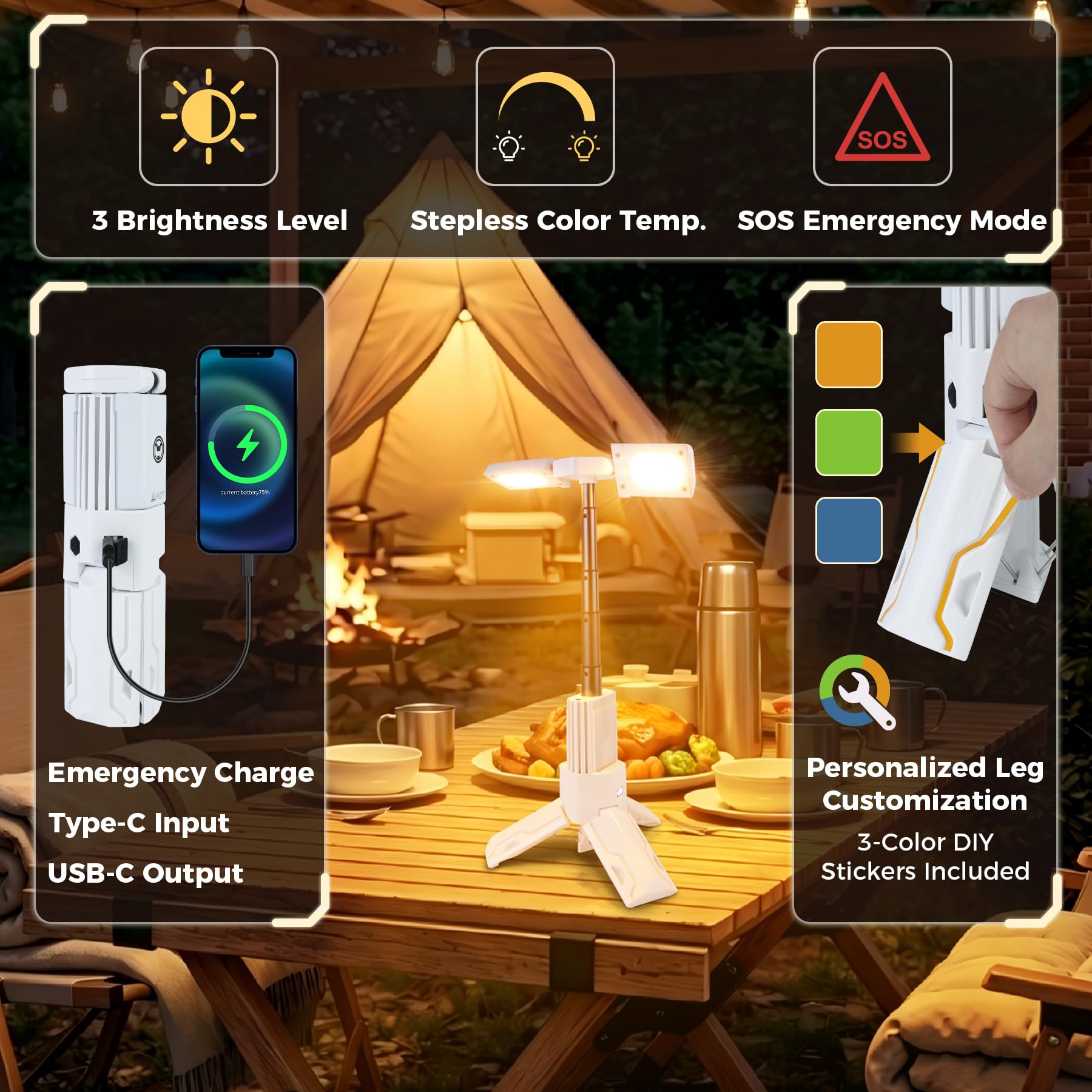 Lampada da campeggio telescopica ricaricabile con illuminazione calda continua, lanterna da campeggio ambientale portatile con dimmerabile e emergenza SOS per campeggio tenda camper e cortile