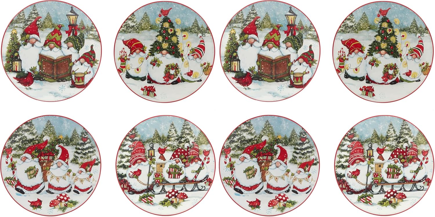 Certified International Christmas Gnomes 9" Salad/Dessert Plates, Assorted Designs, Multicolor, Medium, Set of 4 (Pack of 2)