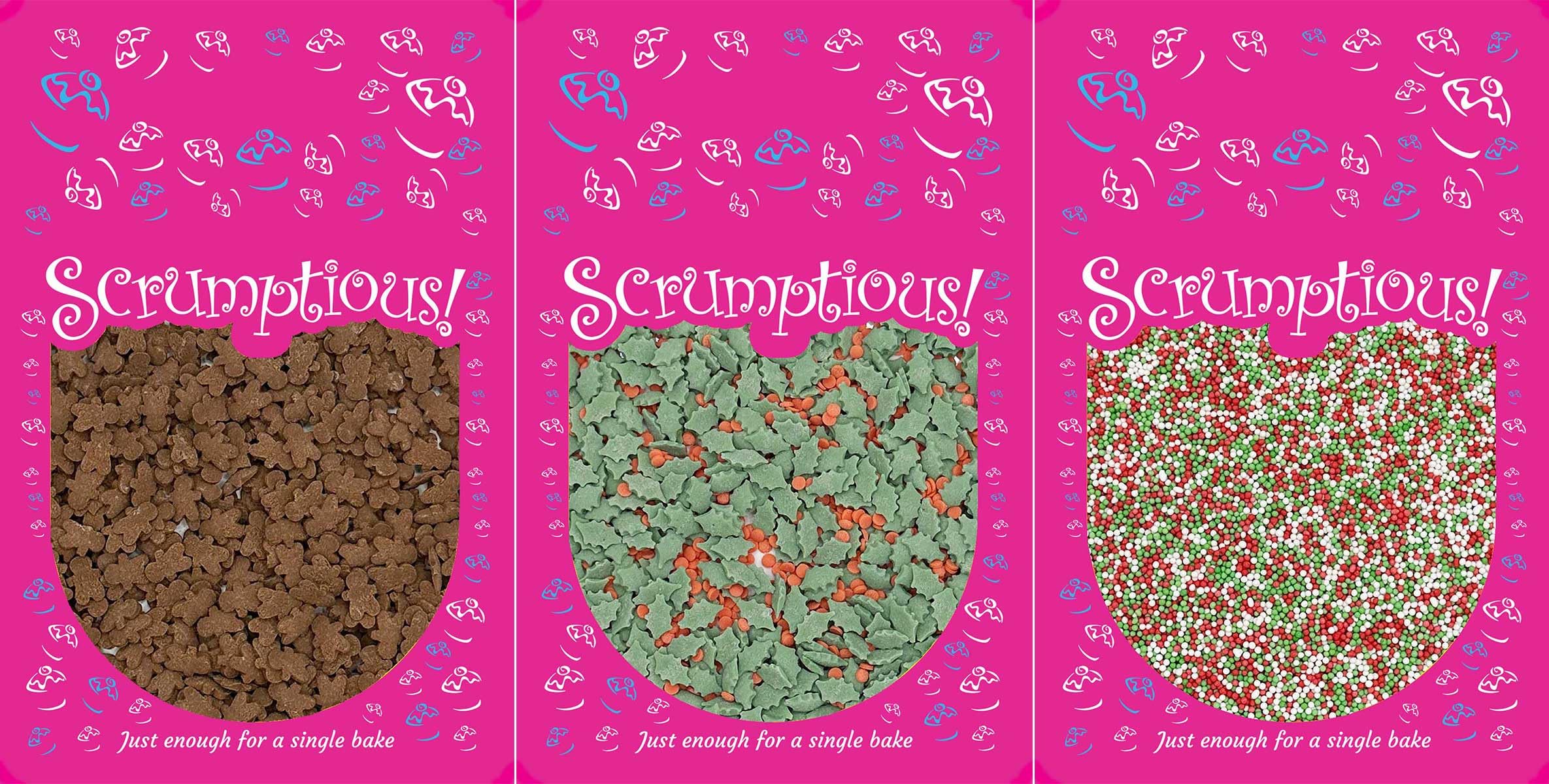 Scrumptious! - Bundle - Christmas Favourites Edible Cake Topper Sprinkles Cupcake Decorations - 1x25g Holly and Berries, 1x25g Gingerbread Men, 1x30g Matt Red, Green and White 100s and 1000s