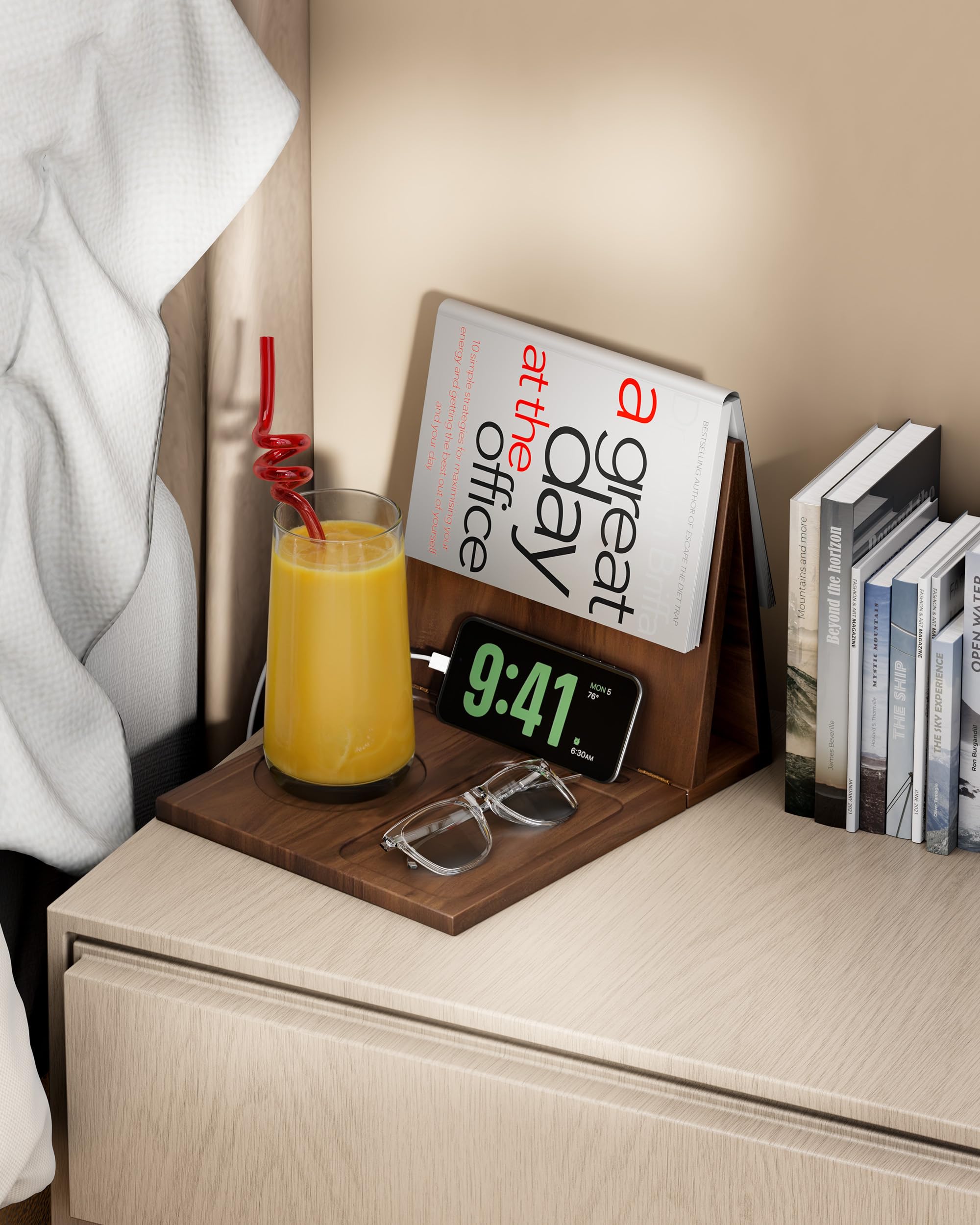 Support de livre triangulaire, repose-livre, en acacia, pliable pour coin de lecture, support de livre triangulaire avec tasse, stylo, lunettes et support de téléphone pour chambre à coucher