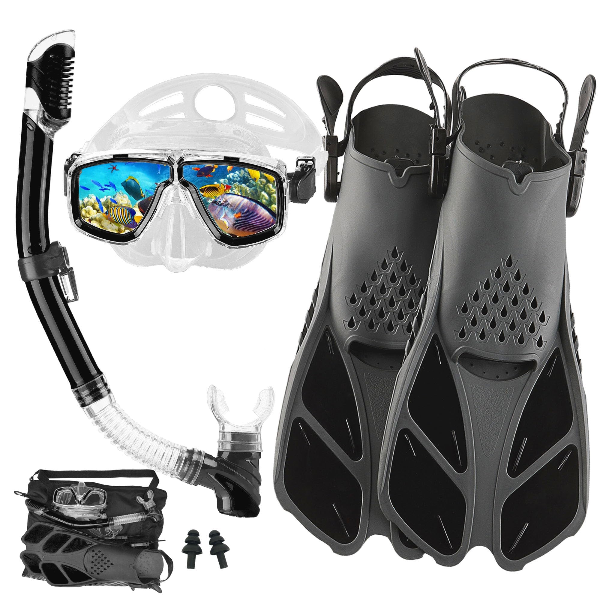 DiVLMT Snorkeling Gear for Adults with Fins Scuba Diving Gear Adult Professional Travel Snorkel Sets with Flippers,Anti-Fog Anti-Leak Diving Mask