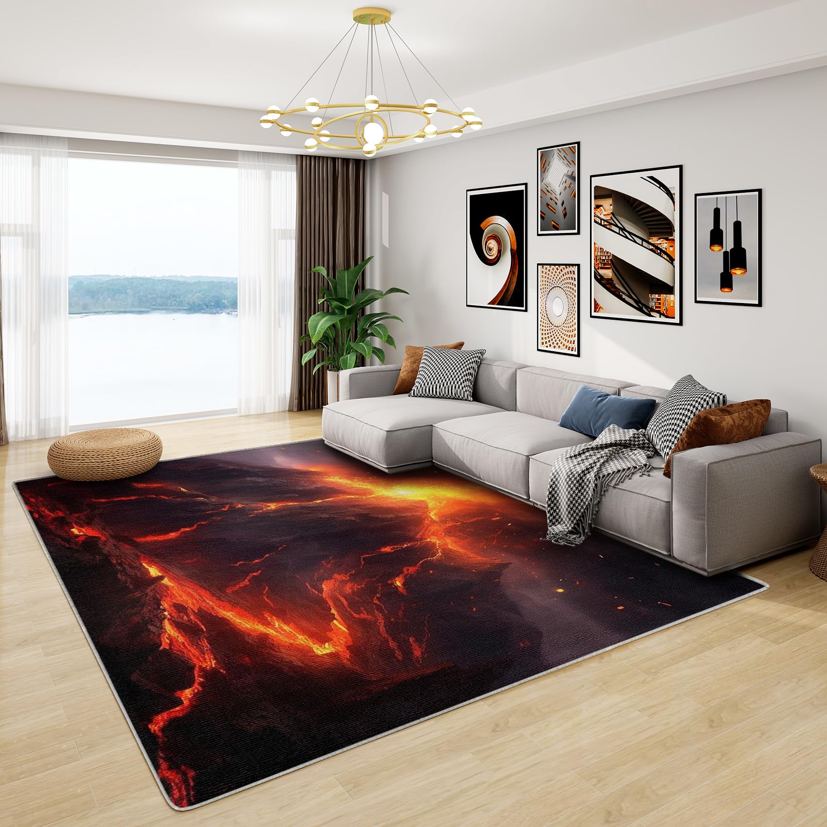 Volcano Rug - Lava Rug, Magma Rugs for Living Room Bedroom, Washable Non Slip Soft Square Carpet, Patterned Area Rugs & Home Decor 120x120 cm