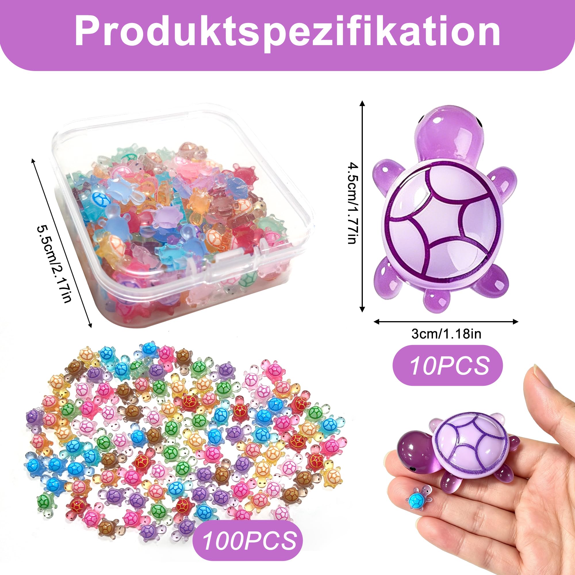110 Stück Leuchtende Mini Schildkröten Figuren Set, Miniatur Zubehör für Bastel Deko, Schildkröten Deko für Miniteich und Miniaturlandschaft, Kleine Figuren mit Aufbewahrungsbox
