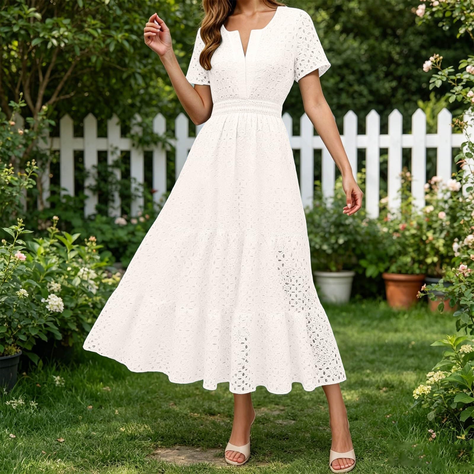 Abito estivo da donna, lungo, linea ad A, elegante, scollo a V, arioso, a vita alta, abito da vacanza, a maniche corte, stile midi