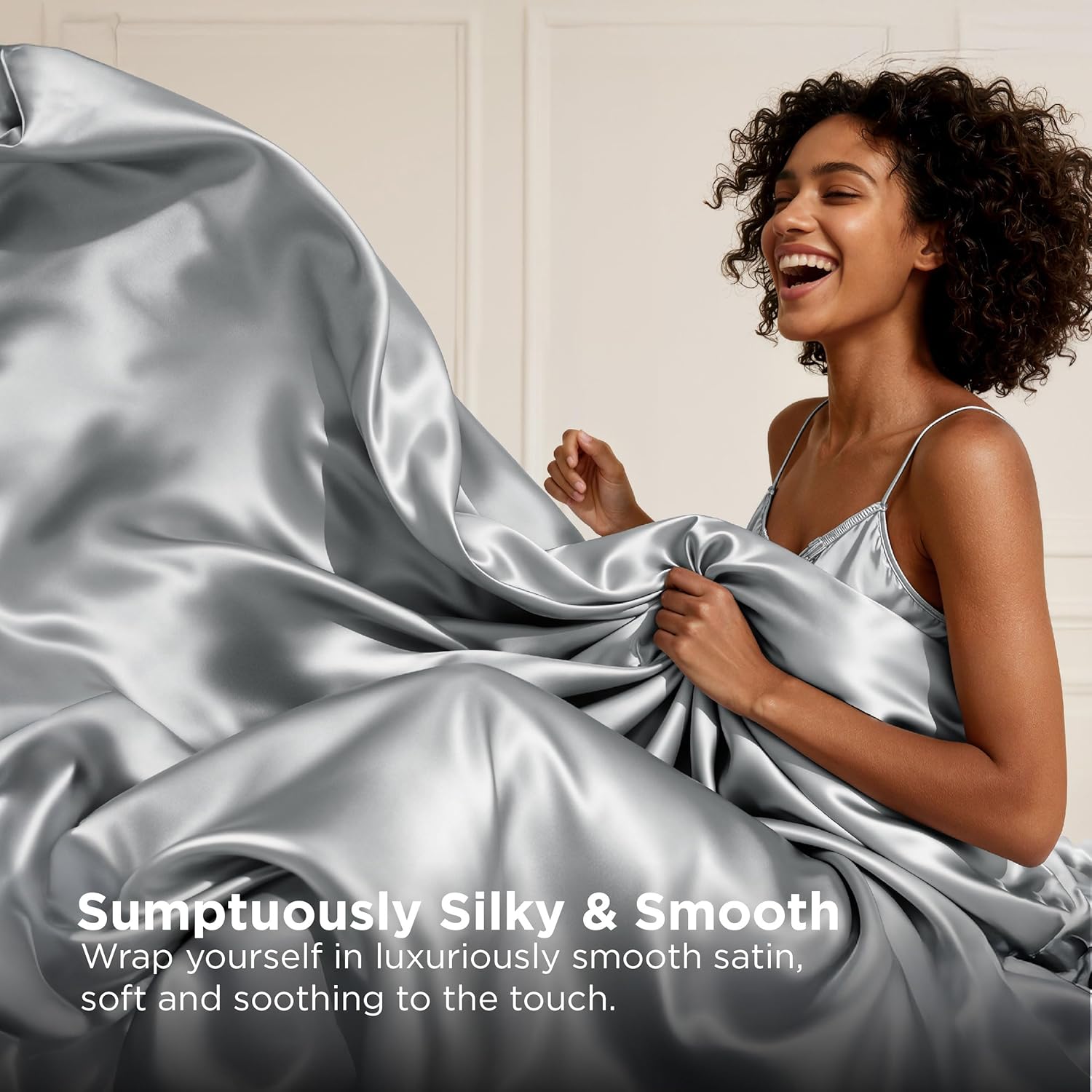 Bedsure Satin Sheets Queen Size - 4 Piece Silky Bedsheets with Elastic Corner Straps and 15 Inches Deep Pocket Fitted Bedsheet,1 Flat Sheet, 2 Satin Pillowcases, Good for Hair &Skin(Queen,Silver Grey) - Image 4