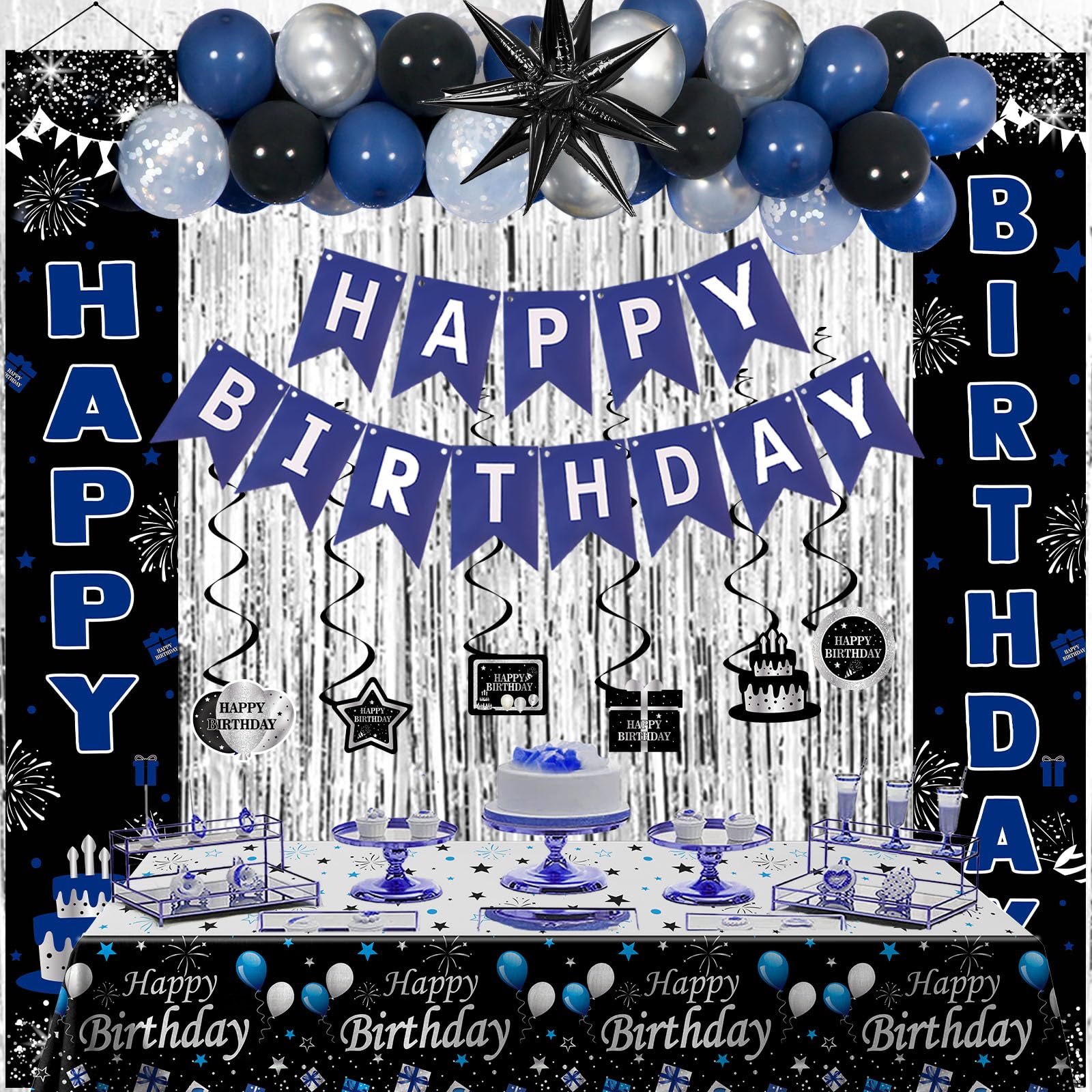 Blue and Black Birthday Decorations for Men Women Boys, Happy Birthday Decorations Banner Balloons Tablecover Fringe Curtain Door Banner Blue Silver,