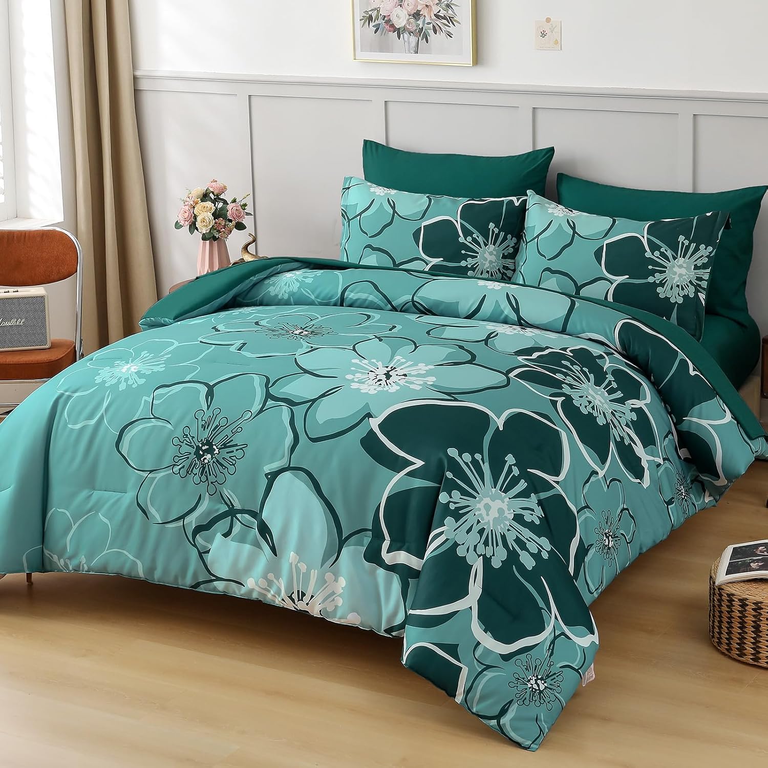 Anibedding 7Pieces Dark Green Floral Comforter Set Queen Size, Soft Microfiber Green Bed in a Bag Comforter Set with Sheets for All Season - Image 2