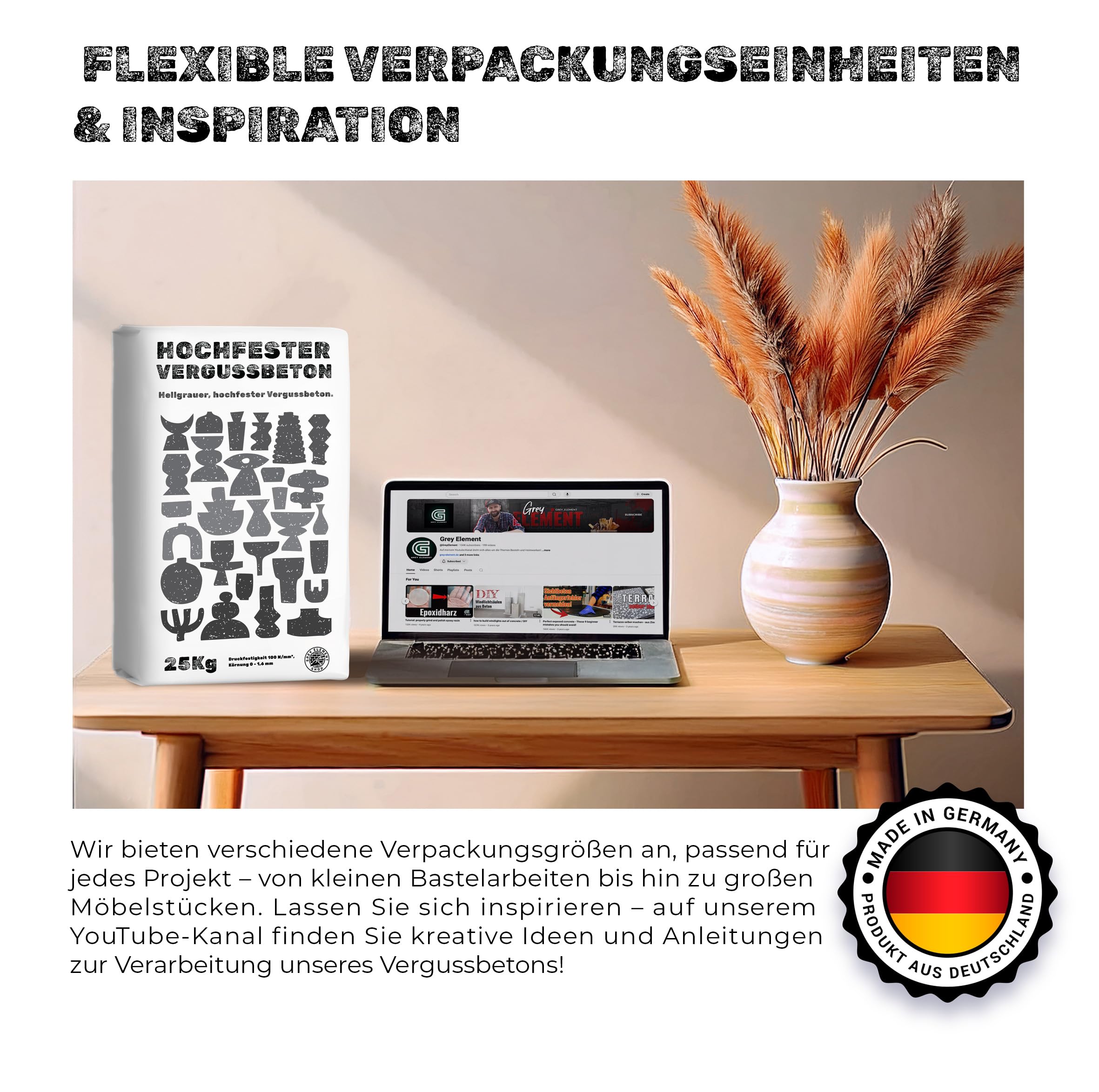Grey Element Bastelbeton zum Gießen 25 kg einfach zu verarbeiten und schnelle Aushärtung - Hochfestes Gießpulver zum Formen gießen mit spiegelglatten Oberflächen - Gießmasse für Silikonformen