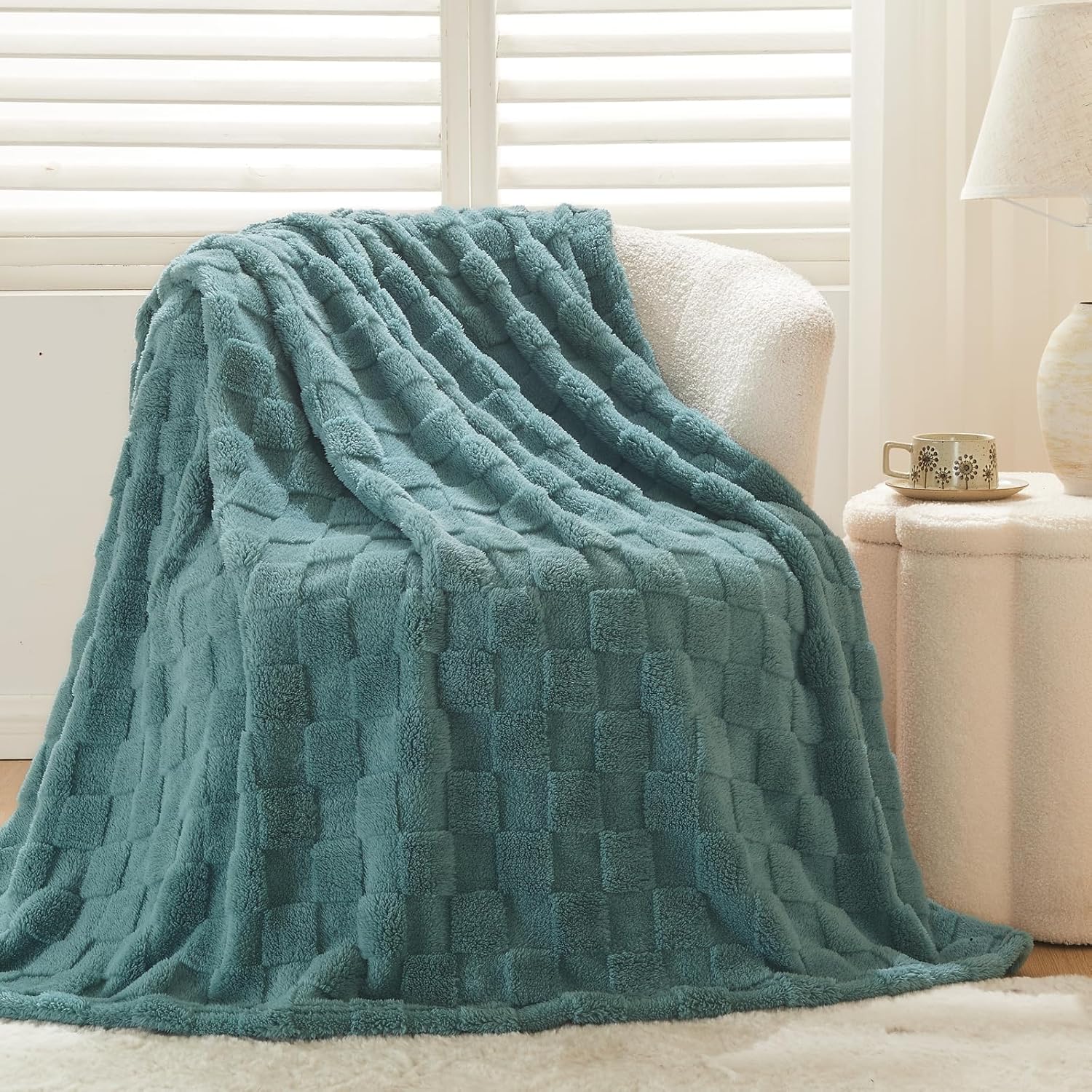 NEWCOSPLAY Super Soft Throw Blanket Light Teal Premium Silky Flannel Fleece 3D Checkered Lightweight Bed Blanket All Season Use (Light Teal Checkered, Throw(50"x70")) - Image 4