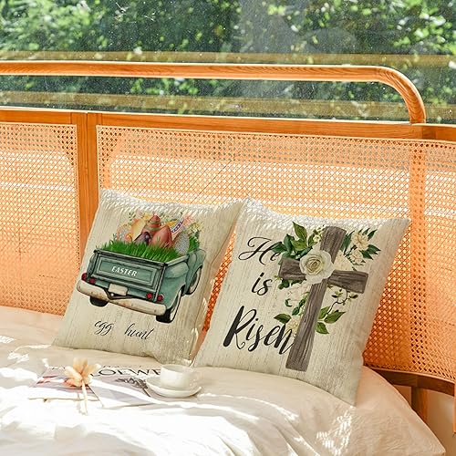 Miniatura 3 de YeeJu Juego de 4 fundas de almohada de Pascua de 16 x 16 pulgadas fundas de almohada de primavera y Pascua diseño de conejo búsqueda de huevos