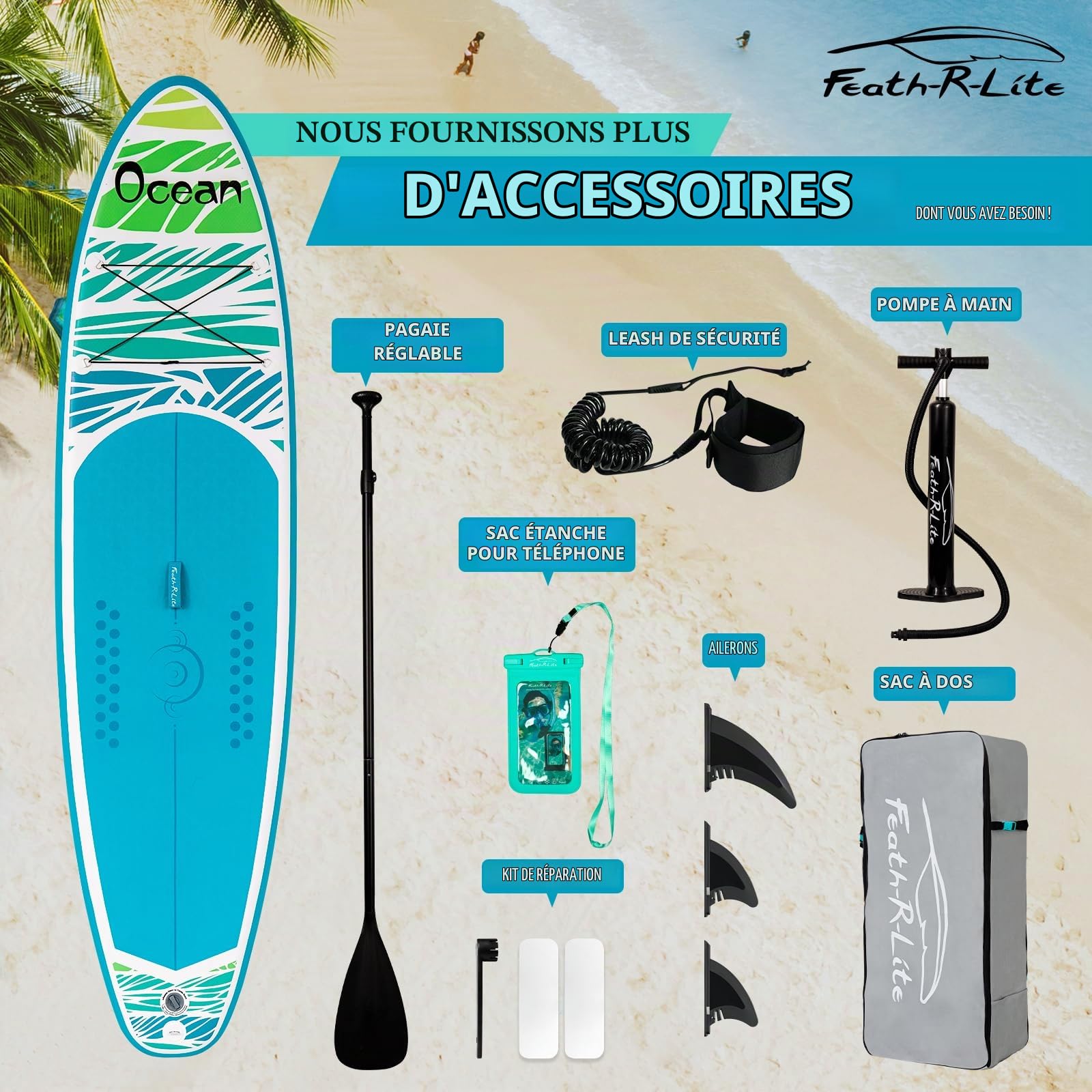 FunWater Planche de Surf Gonflable Accessoire Complet Pagaie réglable,Pompe,Sac à Dos de Voyage,Laisse de sécurité,Étui étanche