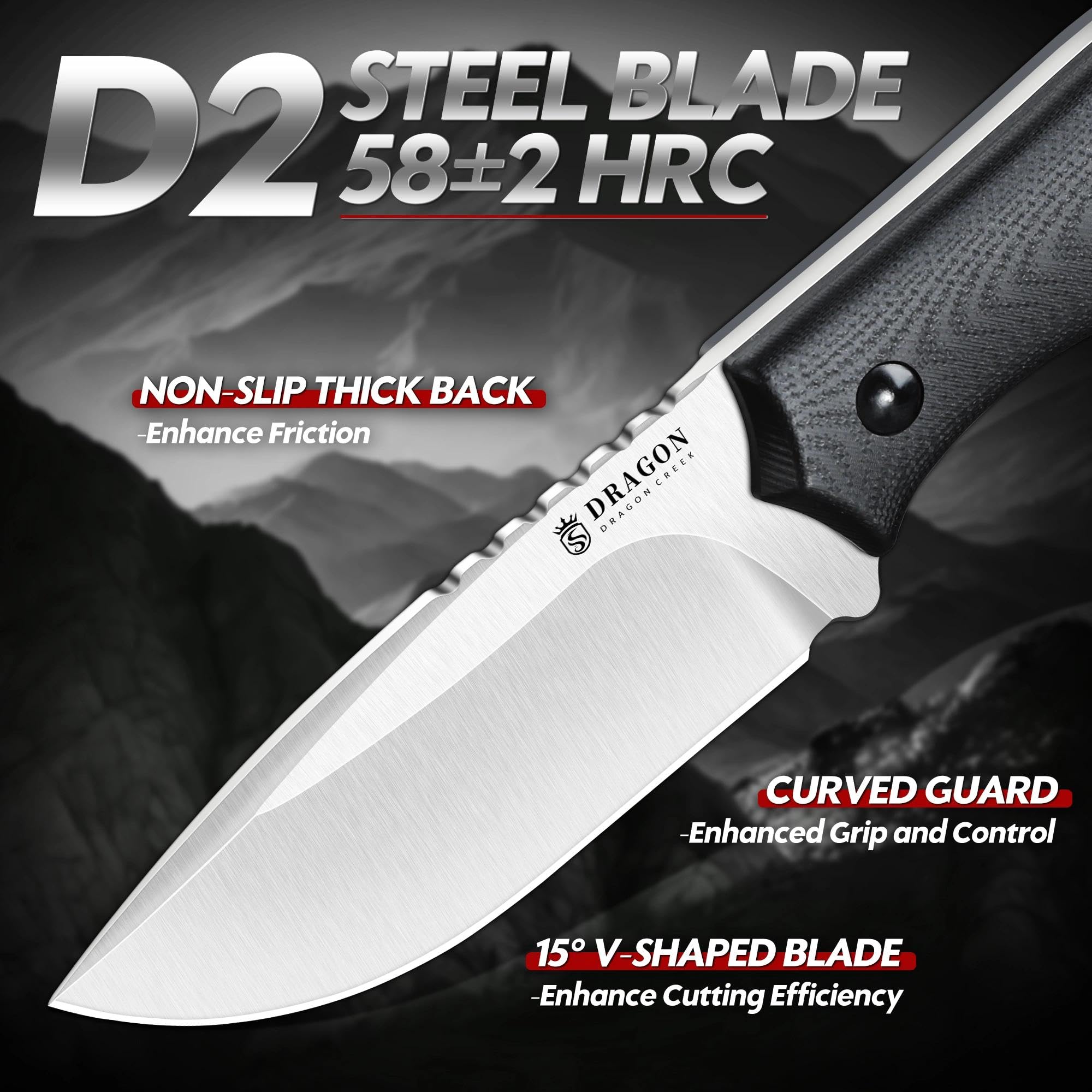 Dragon Creek Kompaktes Outdoor Messer feststehend D2 Stahl, Drop Point Jagdmesser mit G10 Griff, Full Tang EDC Messer mit Kydex Scheide, kleines Camping Bushcraft Messer(Schwarz) - 4