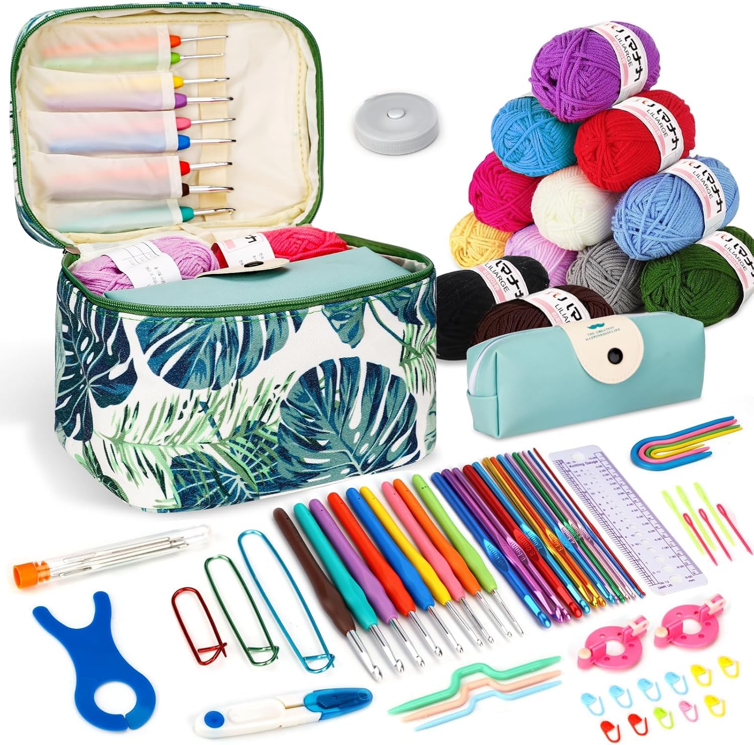TOSUTO Juego de ganchillo portátil para principiantes,Agujas de Ganchillo,Crochet Kit Principiantes Adultos,Ganchillos Grochet Kit con bolsa de almacenamiento y accesorios y Lana,instrucciones