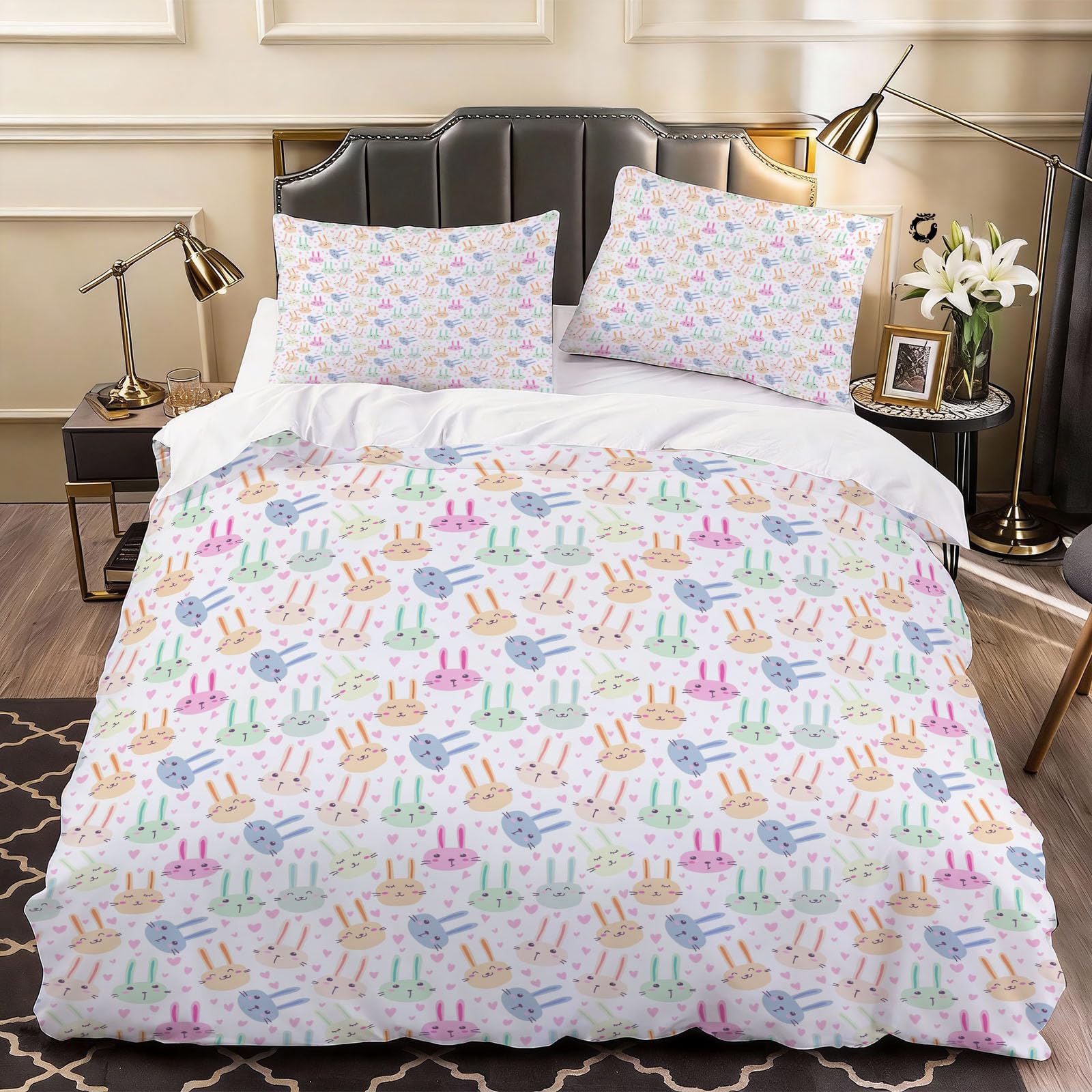 3D Snowy Rabbit Duvet Cover Cute Animals Bedding Double Bed Set, Soft Microfiber Comforter Cover Printed with Zipper Closure Quilt Coverr 200x200 cm and 2 Pillowcases