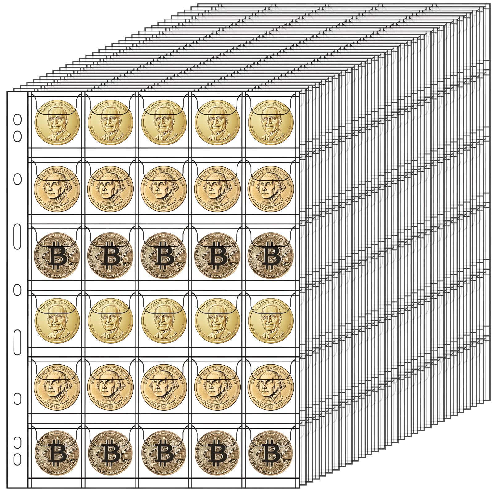900 Pockets Coin Sleeves, 30 Sheets Coin Pages, Coin Collecting Supplies with Standard 9 Holes, Coin Sheets Plastic for Binder(30 Pocket)