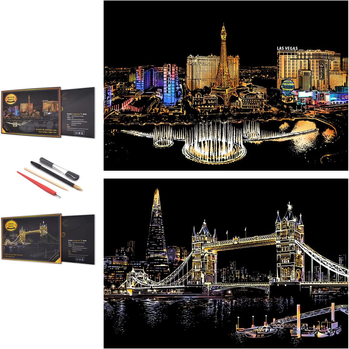 Scratch Painting Rainbow Paper By,Sketch Diy Art Craft City Series Night View Creative Gift, Scratchboard For Adults And Kids ,Craft Kits With 4 Tools,16''X11' ,Multicolor