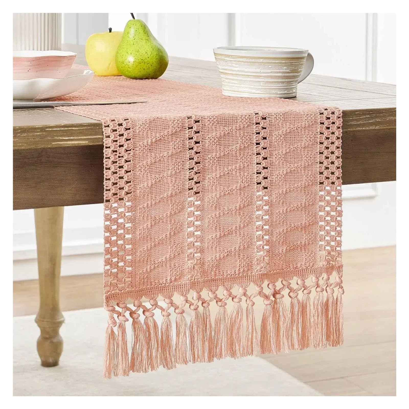 Runner da tavola con frange Runner da tavolo beige con nappe, runner intrecciato, rustico fattoria for cucina, pranzo, arredamento for la casa(Pink,30x275cm)
