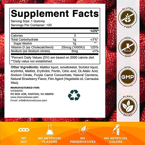 Vista 2 de Vitamatic Gomitas de Vitamina D3 sin Azúcar - 120 Gomitas a Base de Pectina - Gran Sabor - Huesos Saludables, Estado de Ánimo y Función del Sistema