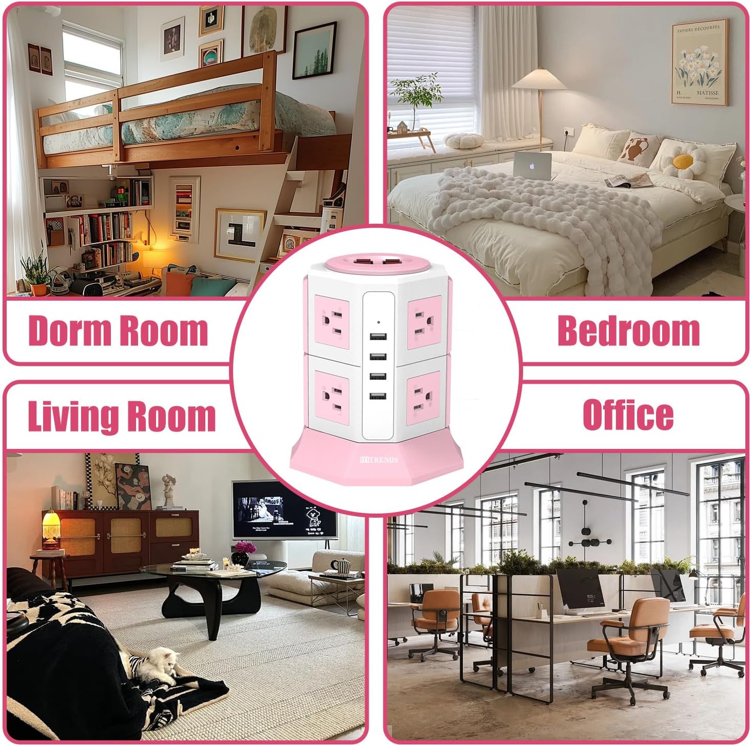 Pink Tower Power Strip with Surge Protection | HITRENDS 8 AC Outlets + 4 USB Ports | 16AWG/10Ft Extension Cord with Multiple Outlets | Space-Saving Design for Office & Home(1625W, 1050J)