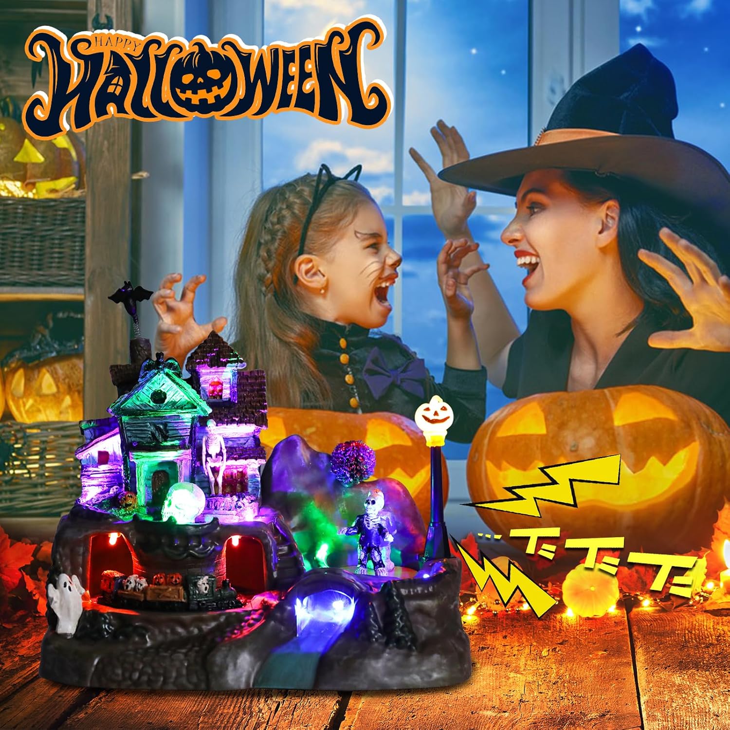 Halloween Village House Decorations 8.8 inch Lighted Haunted House with Animated Train Skull Ghost Bat Pumpkin Statue Scary Music Halloween Village Figurine Party Holiday Collection Table Indoor Decor