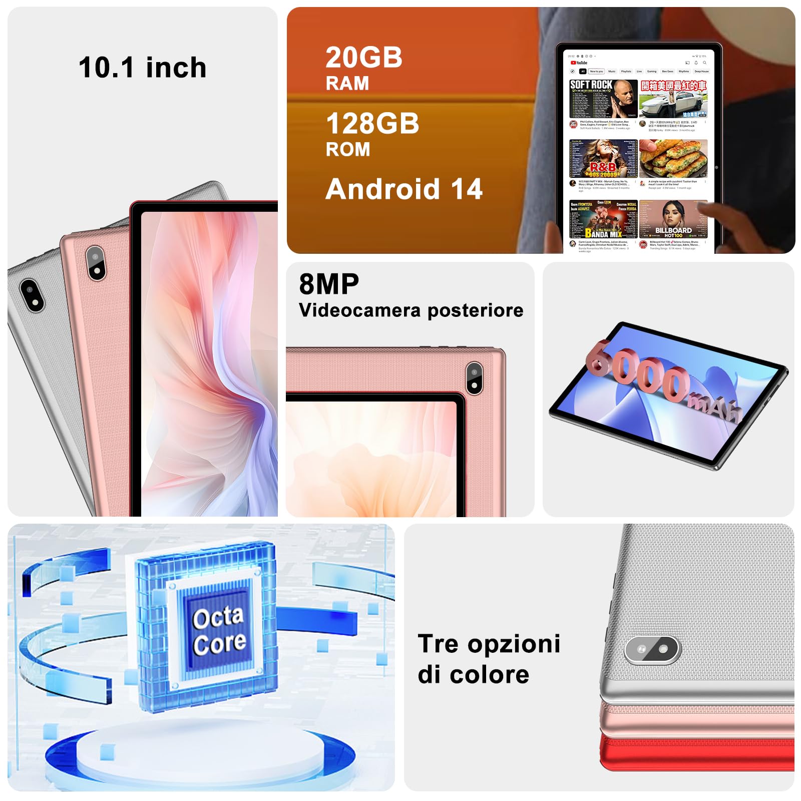 【2025 Newest】Tablet Android 14 Tablet 10 Pollici 5G+2.4G WiFi 6, 20GB RAM+128GB ROM (TF 1TB), Tablet Widevine L1, Octa-Core, Bluetooth 5, 5MP + 8MP, GPS, FHD, GMS, Tablet con Tastiera e Mouse, Silvery