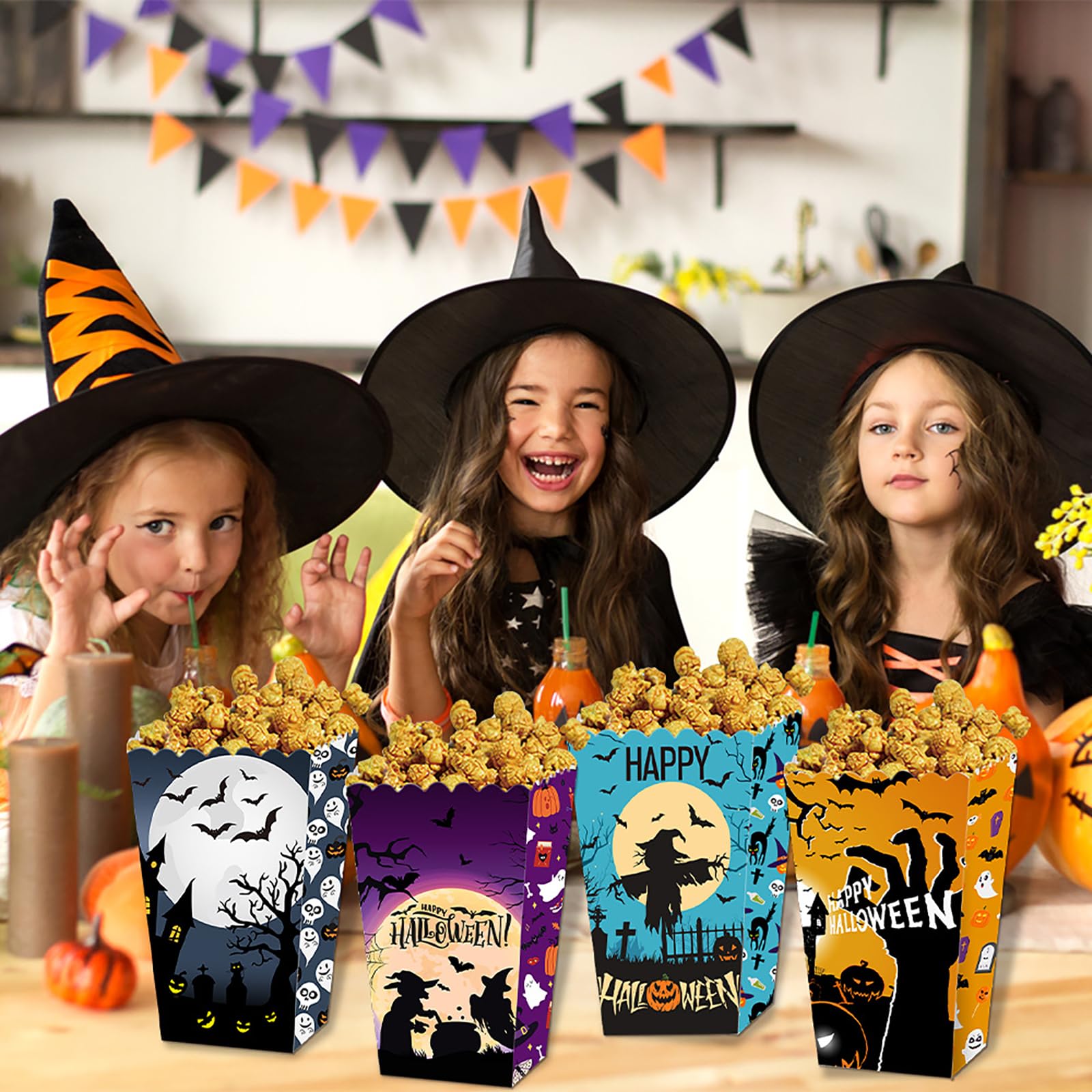 12 Pcs Popcorn Boxes Ghost Bat Halloween Party Movie Night Favor Supplies Snack Treat Boxes Candy Cookie Disposable Paper Containers