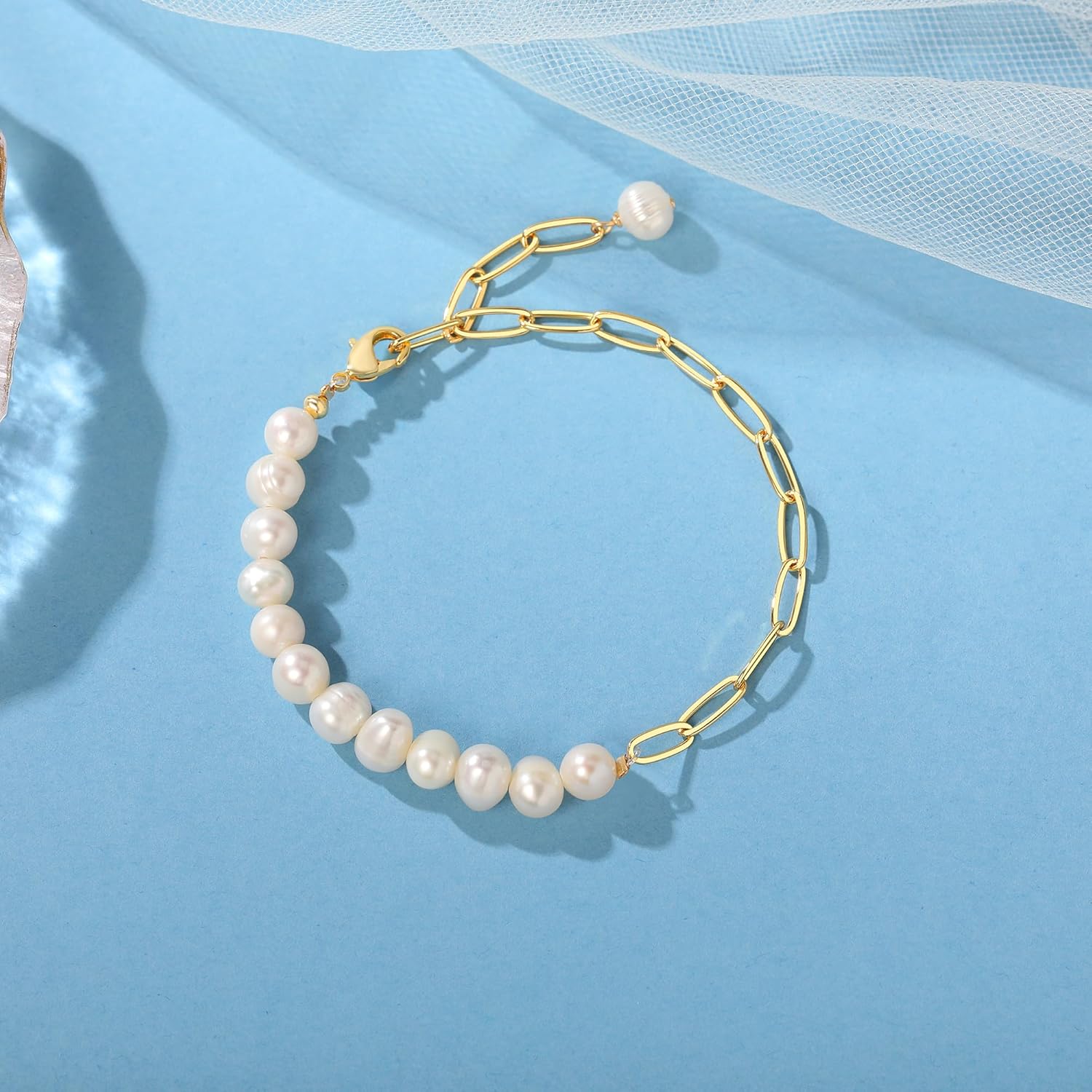 14K Gold Plated 7.3 Inch Baroque Freshwater Cultured Pearl Bracelet for Women - 7mm Pearls Paperclip Link Chain Bracelet, Unique Irregular Dainty Daily Wear Jewelry Gift For Her - Image 2