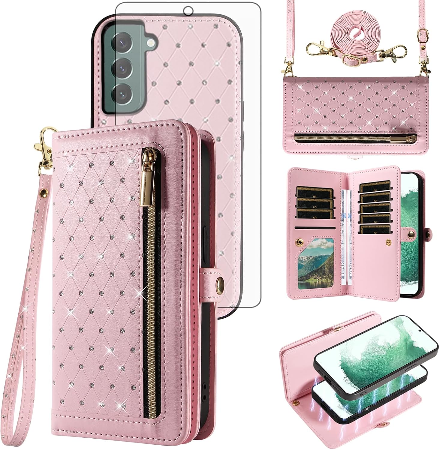Asuwish Phone Case for Samsung Galaxy S22 Plus S22+ 5G Zipper Wallet Detachable Cell Cover with Screen Protector Crossbody Strap Bling Flip Credit Card Holder S22+5G S22plus 22S + S 22 22+ Women Pink