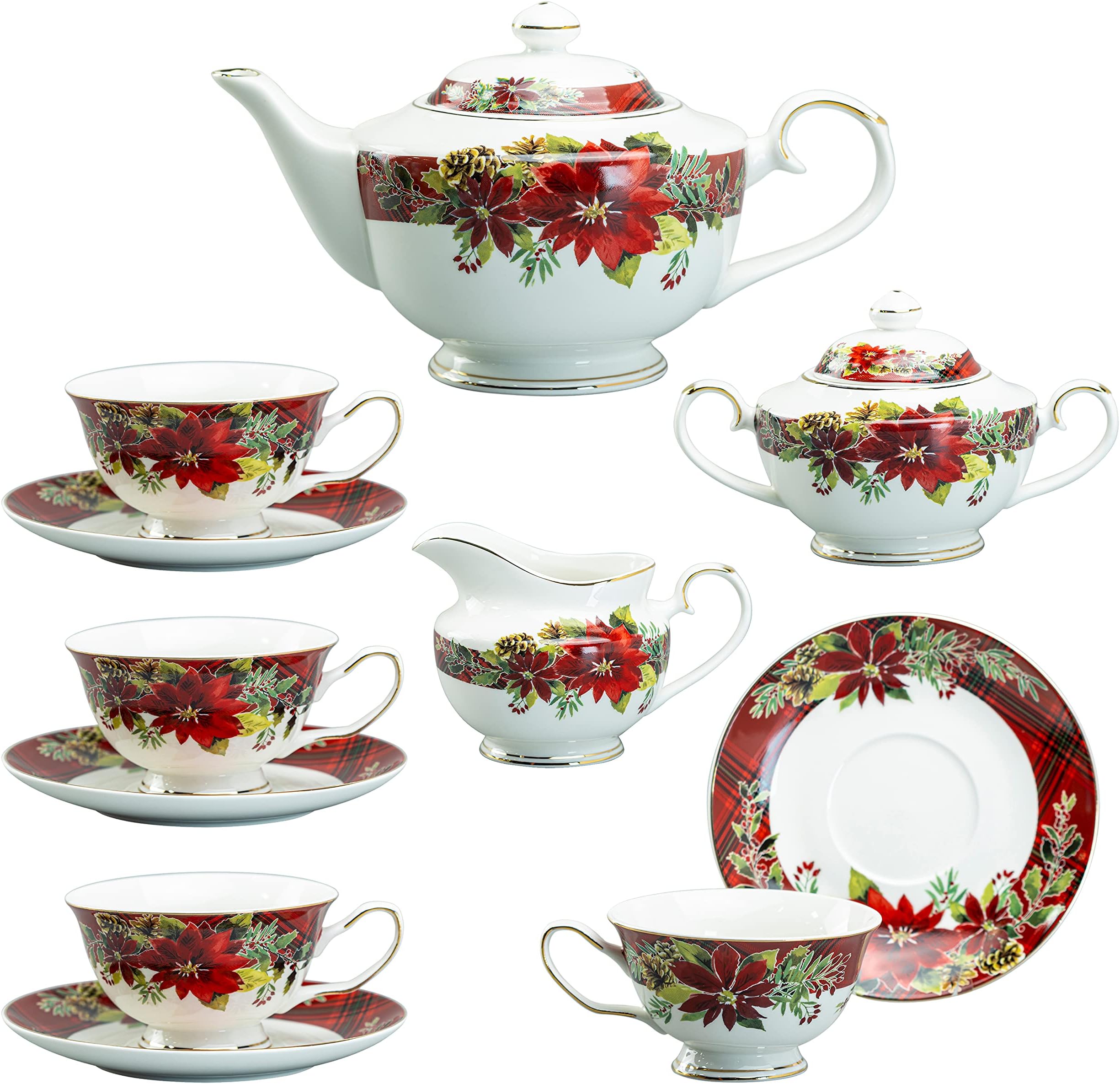 Amazon.com | Grace Teaware Poinsettia Holly Plaid 11-Piece Tea Set ...