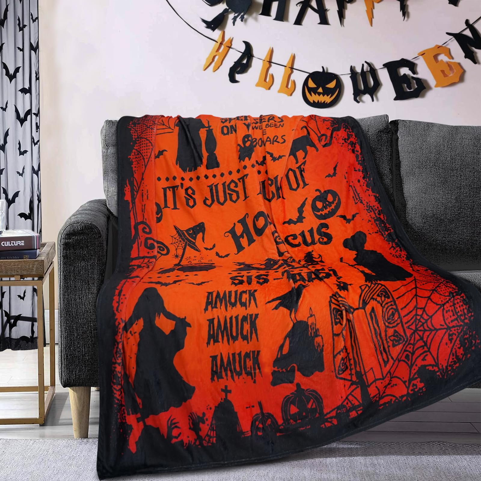 ywlednm Witchy Goth Gifts for Women Orange Halloween Blanket Gothic Sipder Web Blanket Witch Skull Pumpkin Flannel Throw Blankets