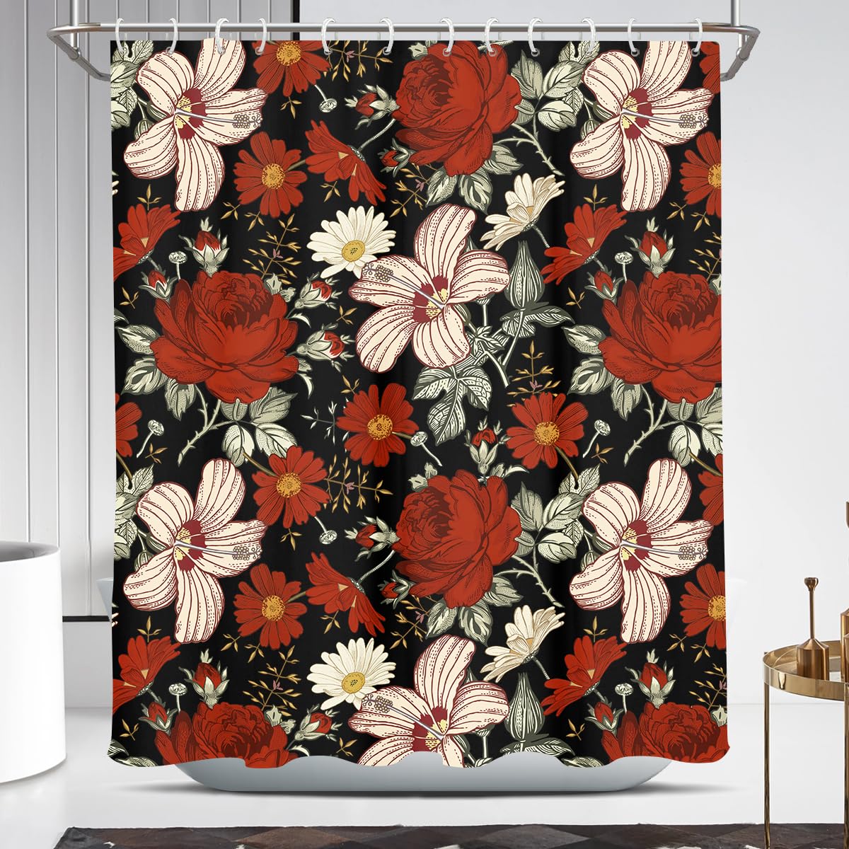 Coxila Red Floral Shower Curtain Black White Flower Spring Vintage Retro Rustic Country Dark Green Botanical Gothic Moody Plant Rose Wildflower Fun