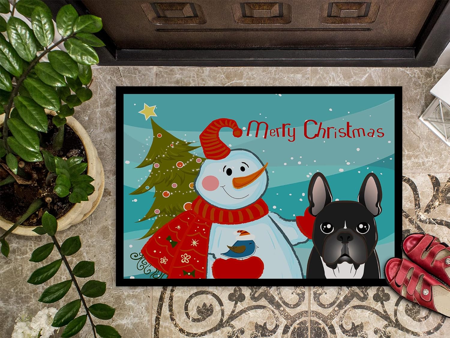 Caroline's Treasures BB1847MAT Snowman with French Bulldog Doormat 18x27 Front Door Mat Indoor Outdoor Rugs for Entryway, Non Slip Washable Low Pile, 18H X 27W