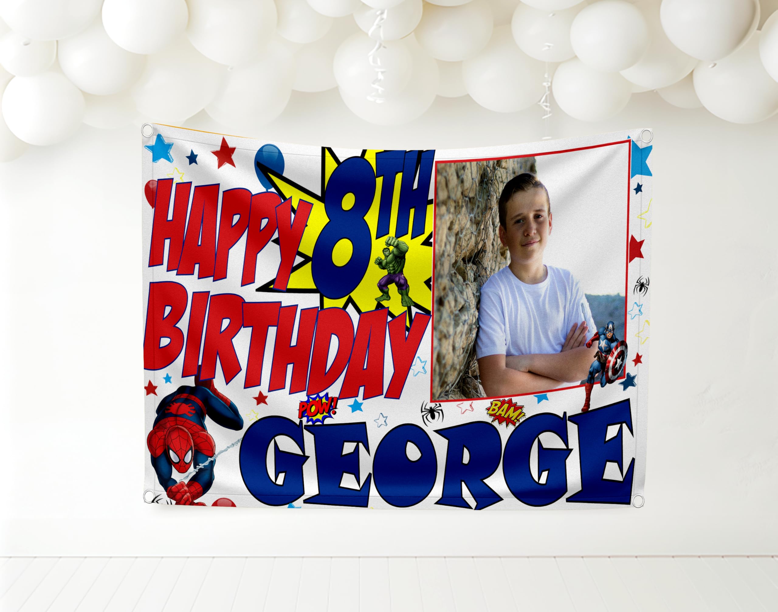 Personalised Birthday Backdrop with Photo for Boys Superhero Party Decorations Customised with Any Name and Age Fabric Flag Banner for Outdoor (XL 5ft Backdrop)