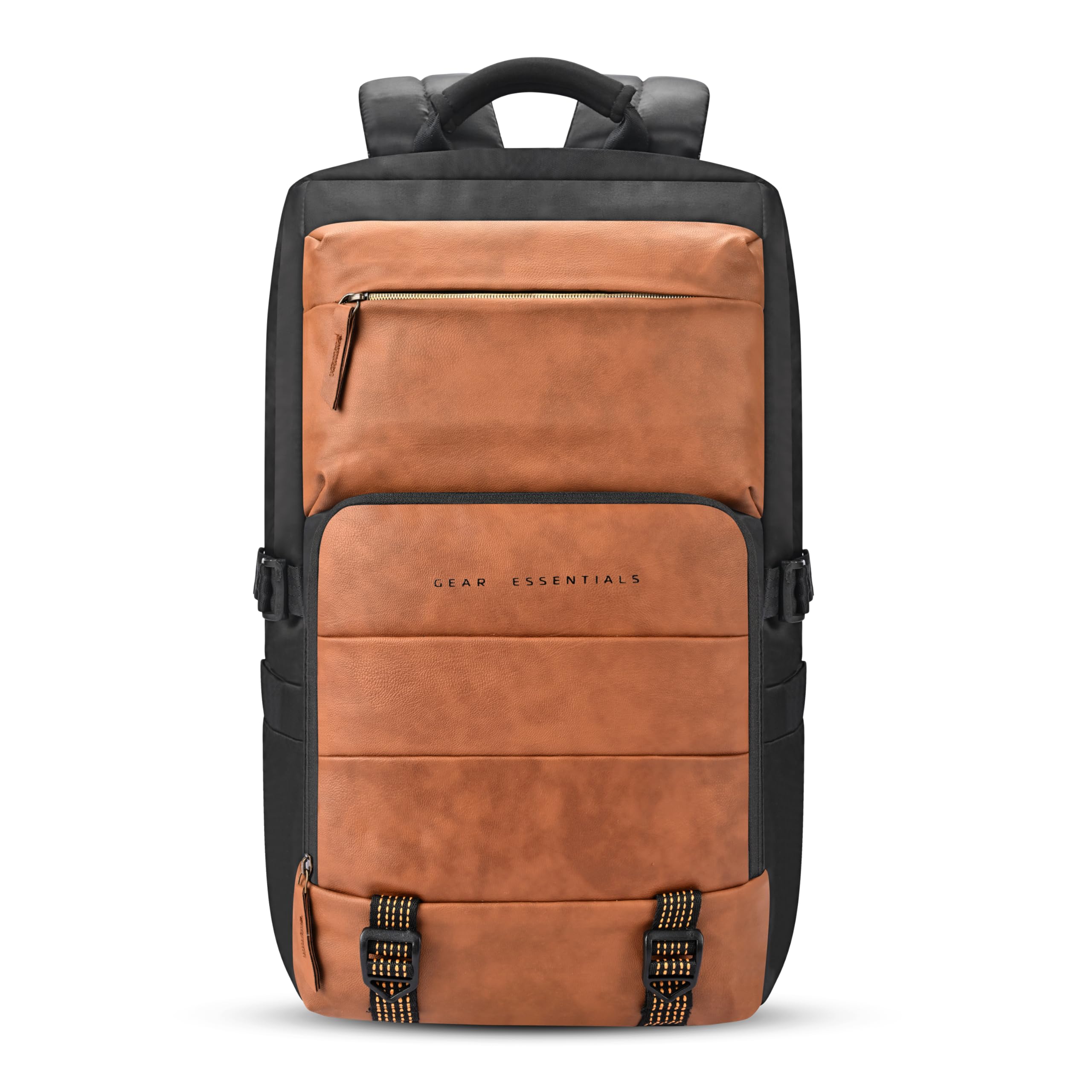 Double Decker 31L Large Water Resistant Faux Leather Anti-Theft 5 Compartment Backpack/Laptop Bag/Office Bag for Men/Women (Navy-Tan)