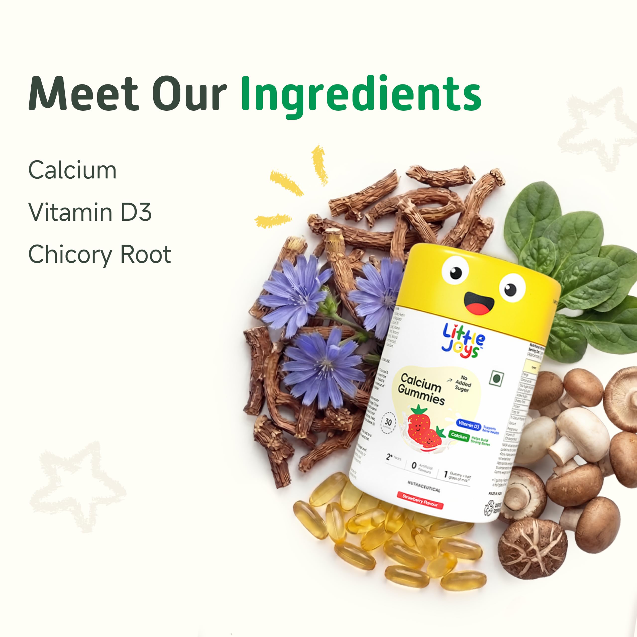 Little Joys Calcium & Vitamin D Gummies for Kids (4+ years) With No Sugar Added | For Stronger Bones, Joints, Teeth & Immunity | Strawberry Flavour | 30 Gummies 1