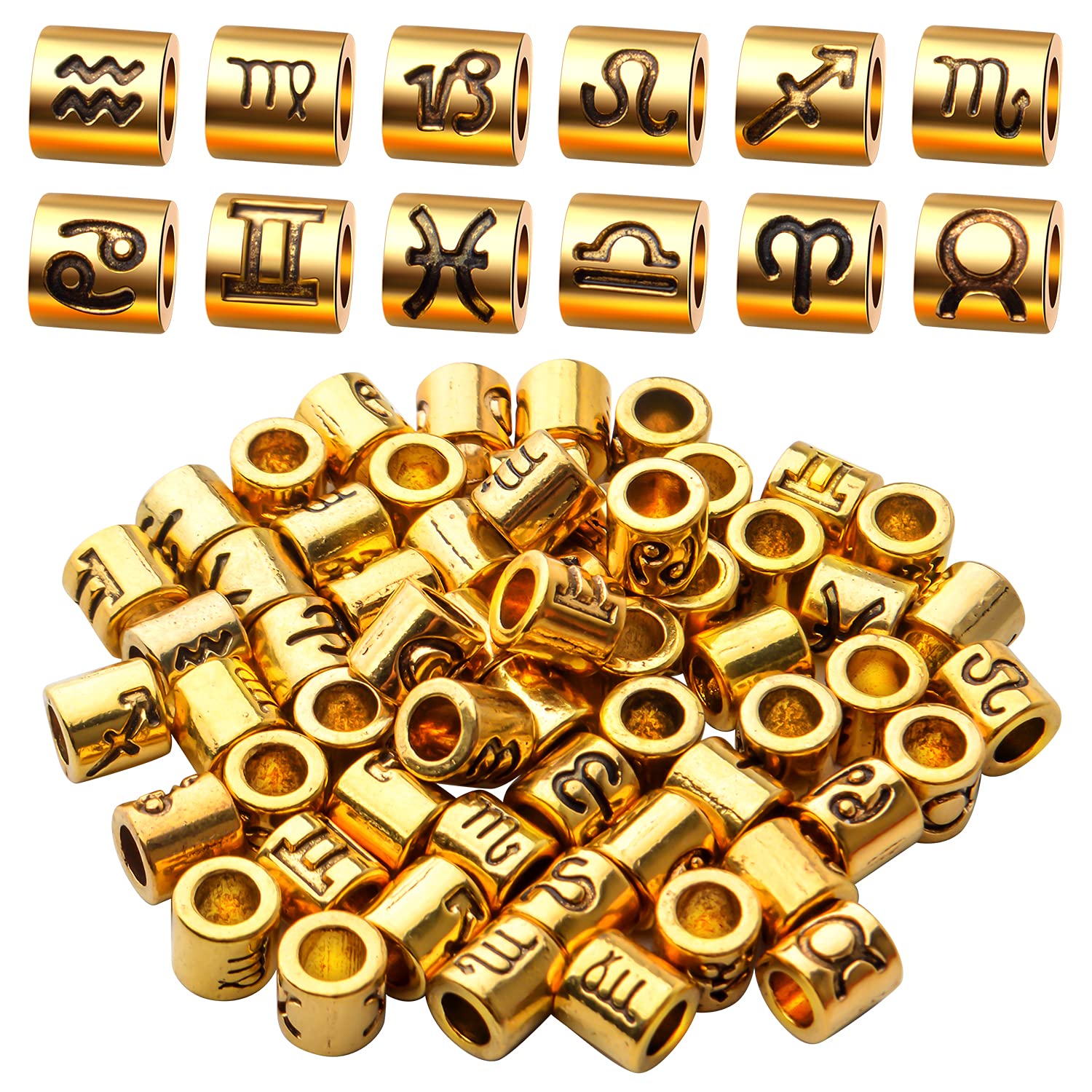 60pcs Antique Gold Zodiac Signs Beads Alloy Twelve Constellations Spacer Beads Large Hole Beads Spacers Tube Beads Horoscope Beads for Bracelet Necklace Jewelry Making