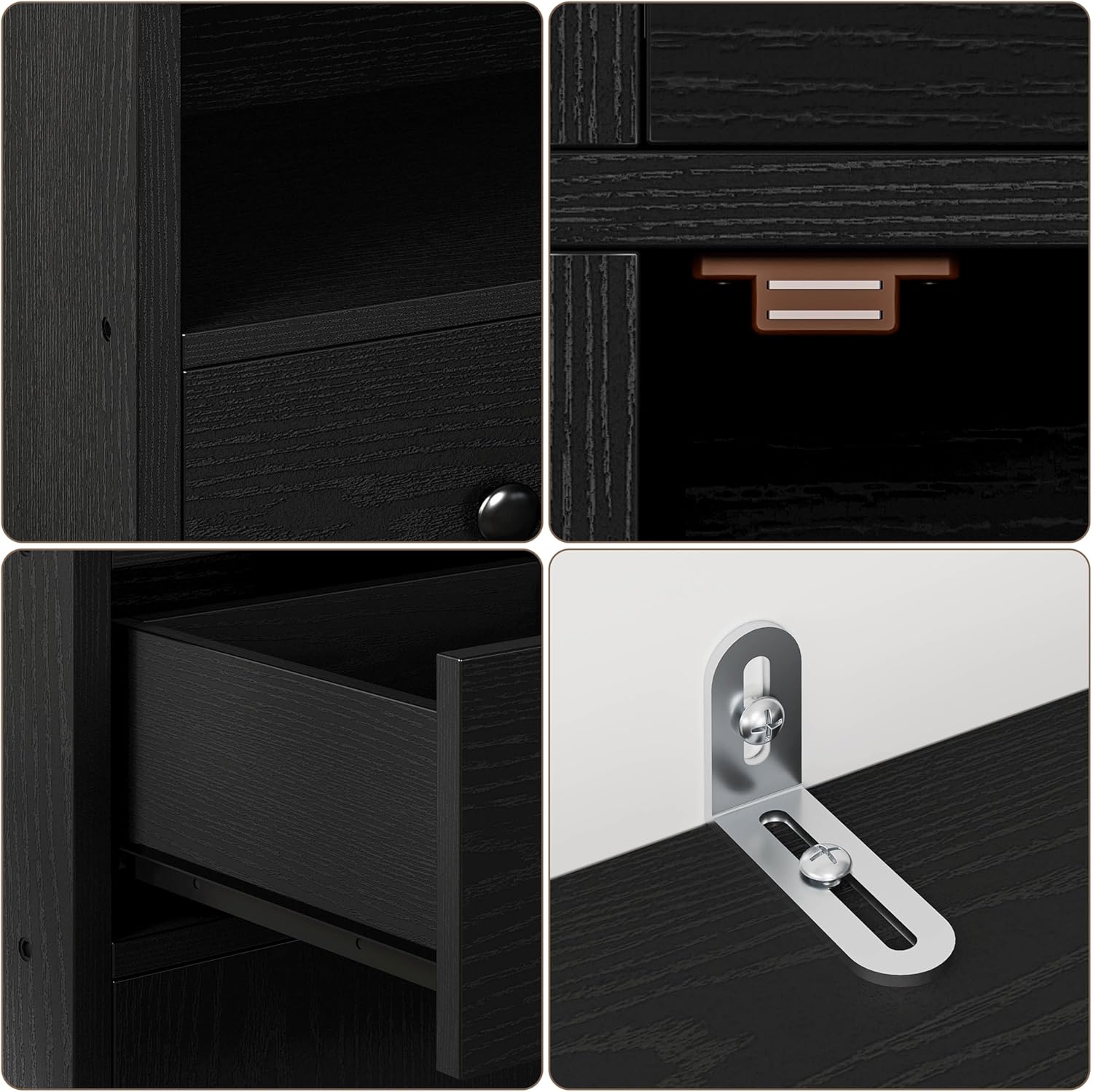 Nga afër view of the IRONCK bookcase features, including a secure drawer mechanism, a sturdy shelf, and the anti-tipping wall anchor bracket for safety.