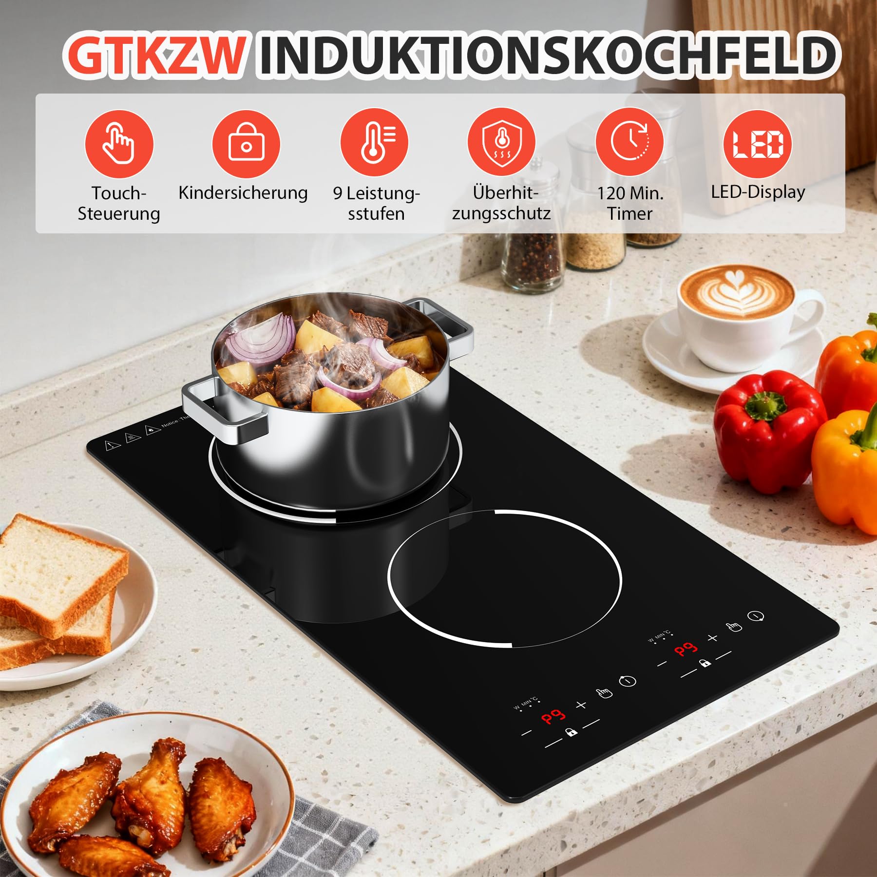 Induktionskochfeld 2 Platten 3000W, Domino Elektrokochfeld 30cm Einbau und Freistehend, Tragbare Doppelkochplatte mit Timer & Restwärmeanzeige für Studio, Kleine Küche und Wohnmobil