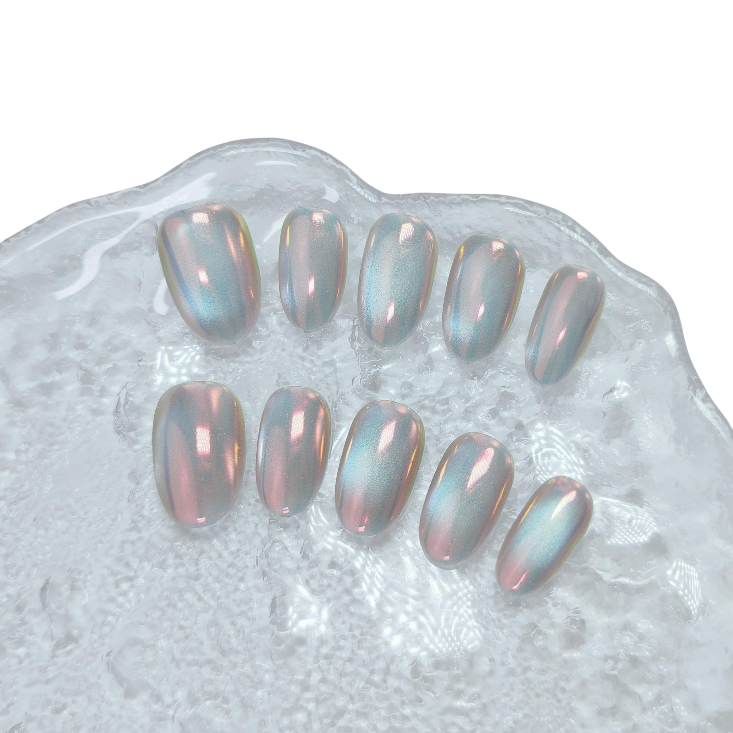 Cat Eye Press on Nails Handmade Short Oval/Square/Round False Nails with French Tip/Aurora/Magnetic Shimmer Designs (Aurora#Sunset River, Small)