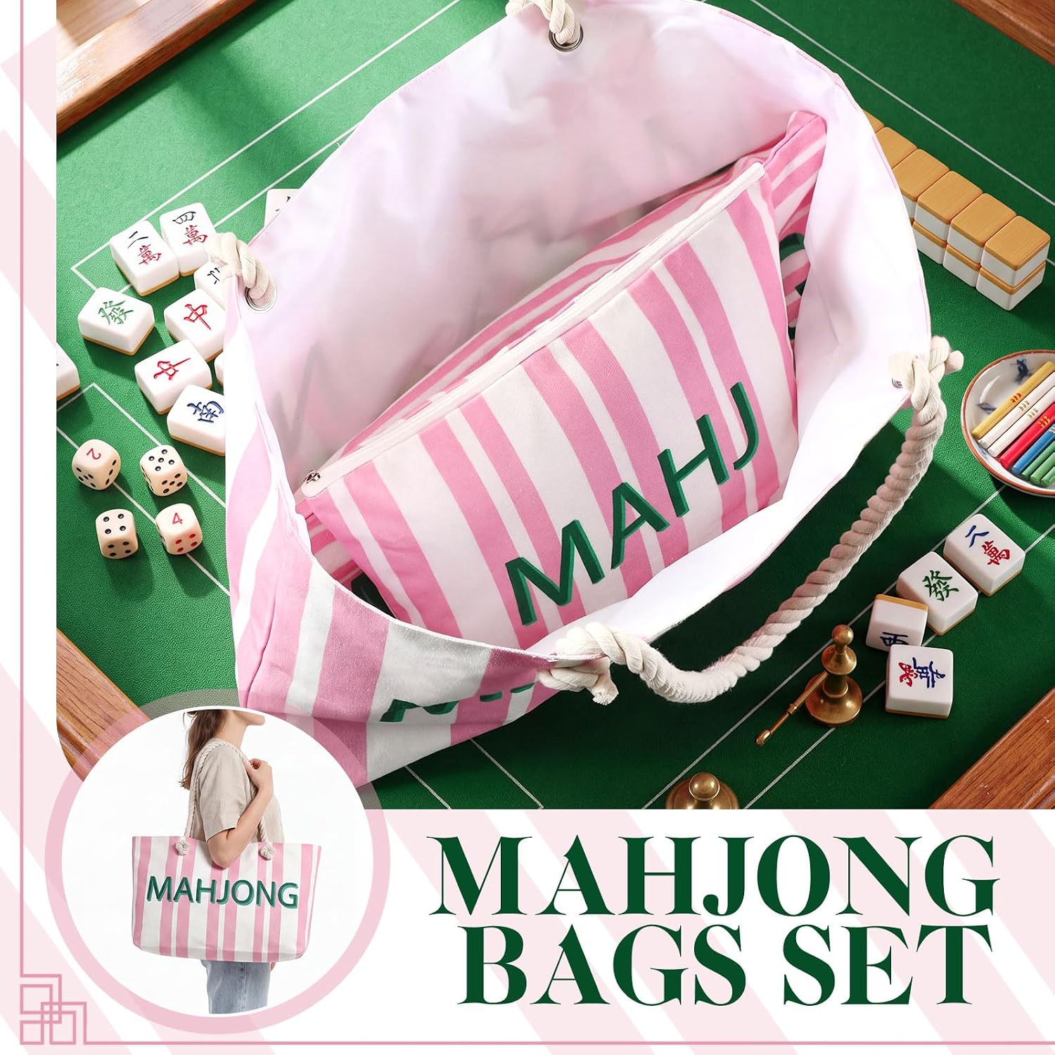 3 Pcs Empty Mahjong Bag Set for Tiles and Racks,Pink Striped image 5