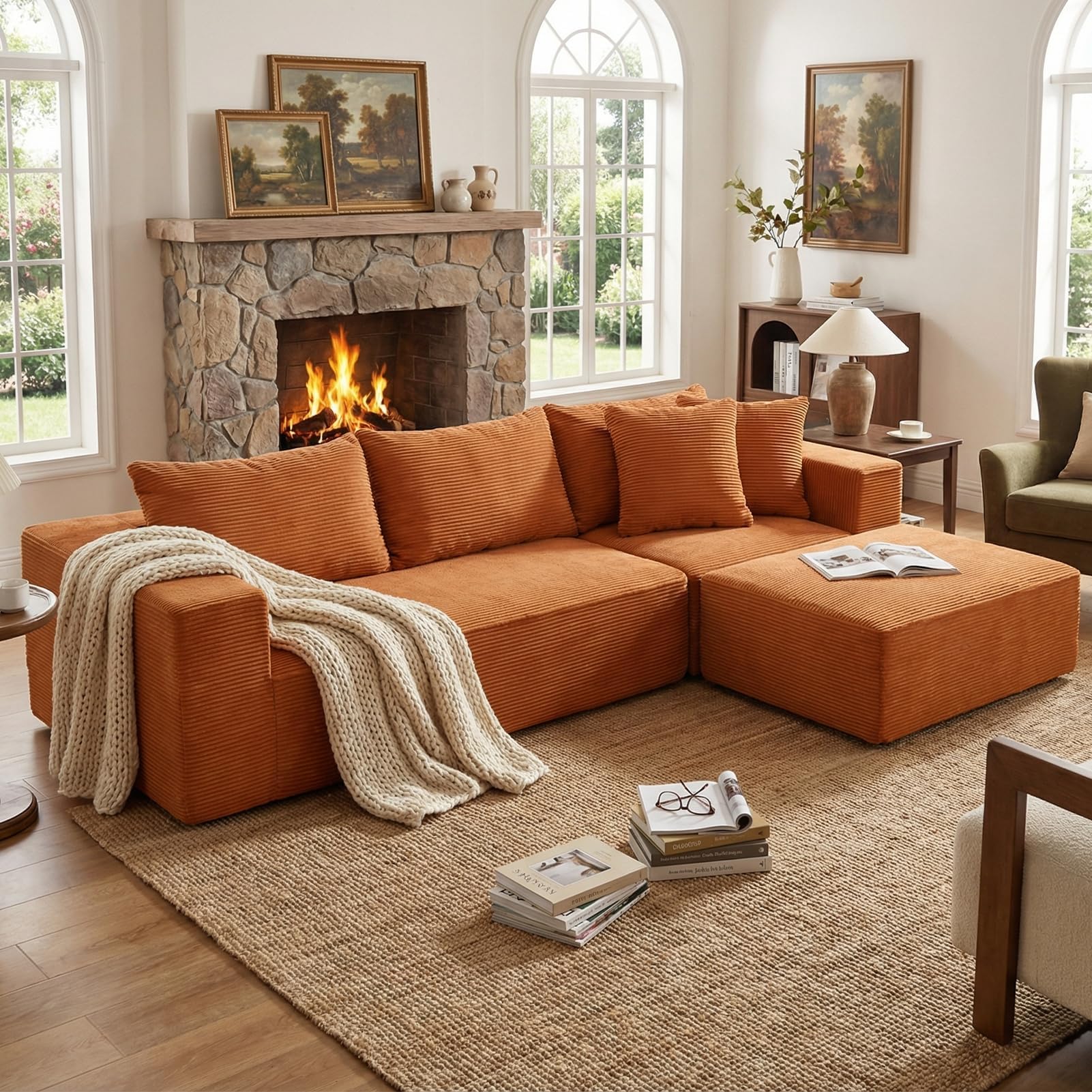 INGEROOM 108" Cloud Sectional Couch with Deep Seat, Modular Sofa Memory Foam, Boneless Sofa with Movable Ottoman, Upholstered Couches for Living Room Bedroom, No Assembly Required, Orange