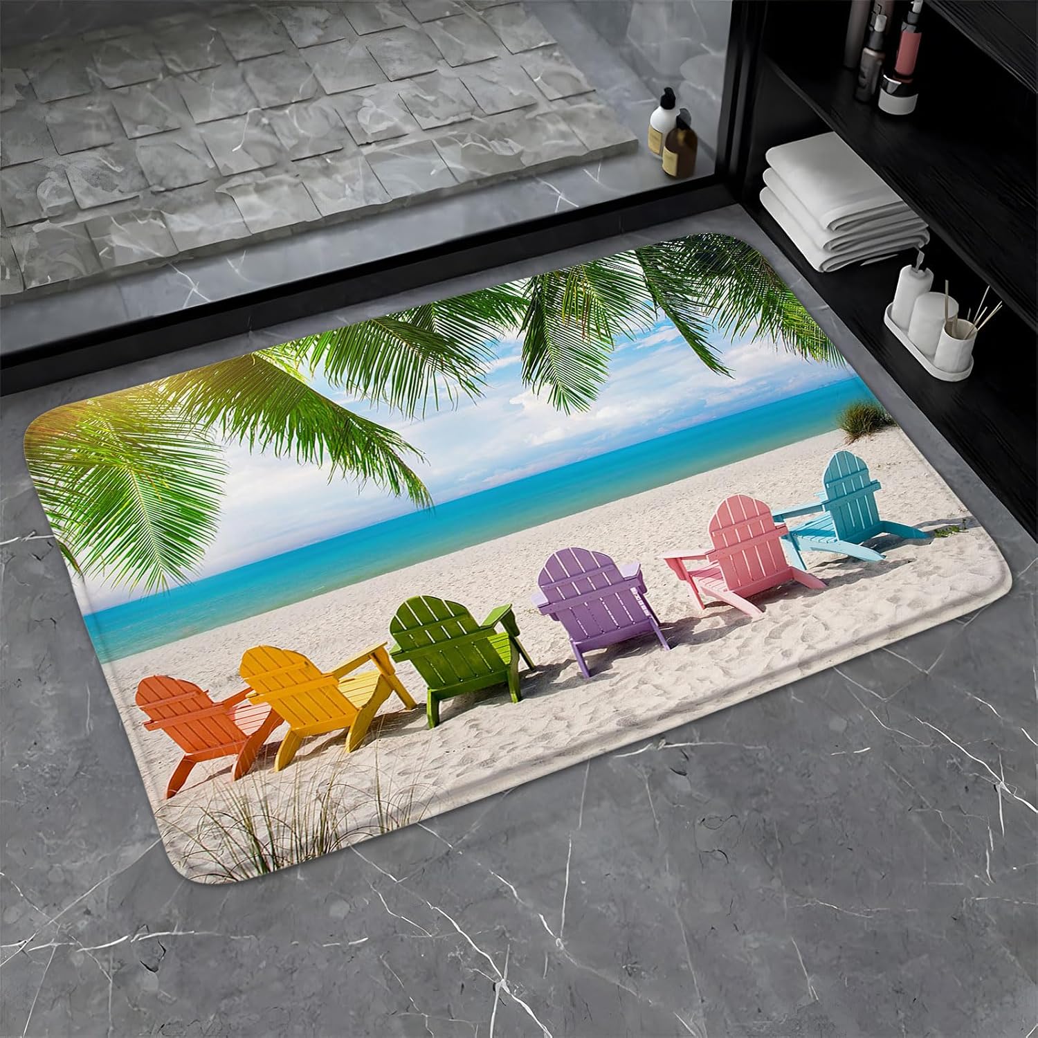 Ocean Scenic Bathroom Rugs Colorful Beach Chairs Funny Tropical Nature Landscape Summer Palm Tree Hawaiian Coastal Seaside Scenery Bath Mat Bedroom Kitchen Toilet Floor Doormat 24x60