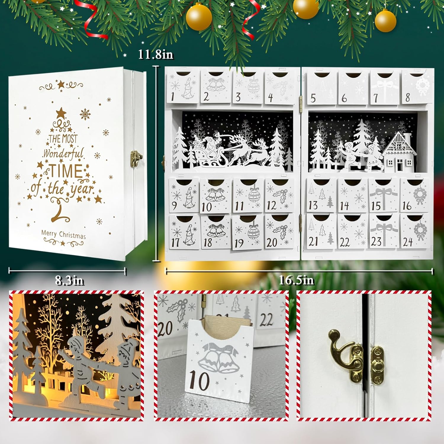 Wooden Christmas Advent Calendar Book with Timer, 6 Hours On and 18 Hours Off，Christmas 24 Drawer Countdown with Reindeer Snow Forest Scene, 16.5in 2AAA Battery Powered Functional Gift Storage for Kid