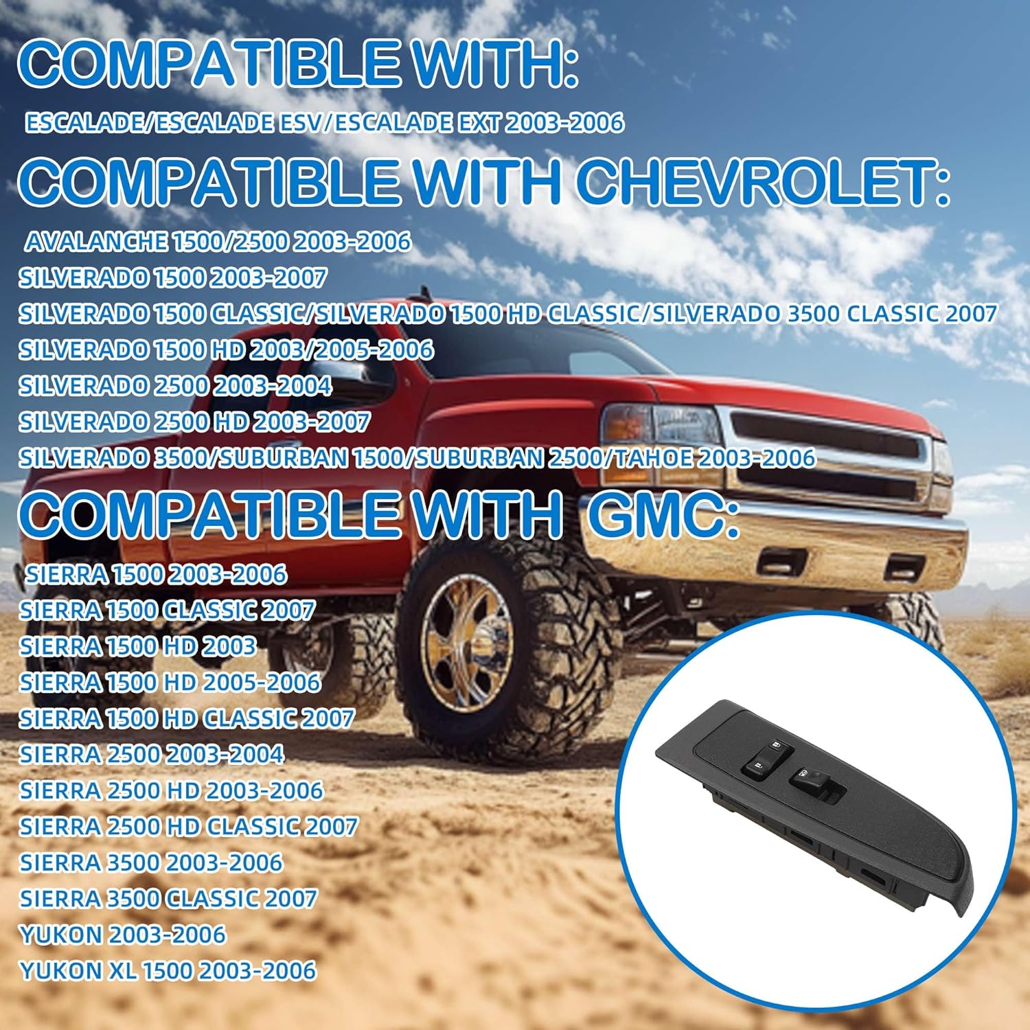 Front Passenger Window Switch with Dark Gray Bezel Compatible with 2003-2006 Chevrolet Silverado Suburban Avalanche Tahoe GMC Sierra Yukon Cadillac Escalade Replace 19115820