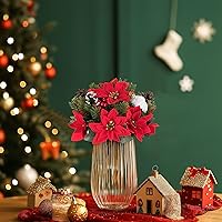 Vista 4 de BLOSMON Flores de Pascua artificiales de Navidad: 2 piezas de centros de mesa de bolas florales falsas rojas para decoraciones de mesas, flor