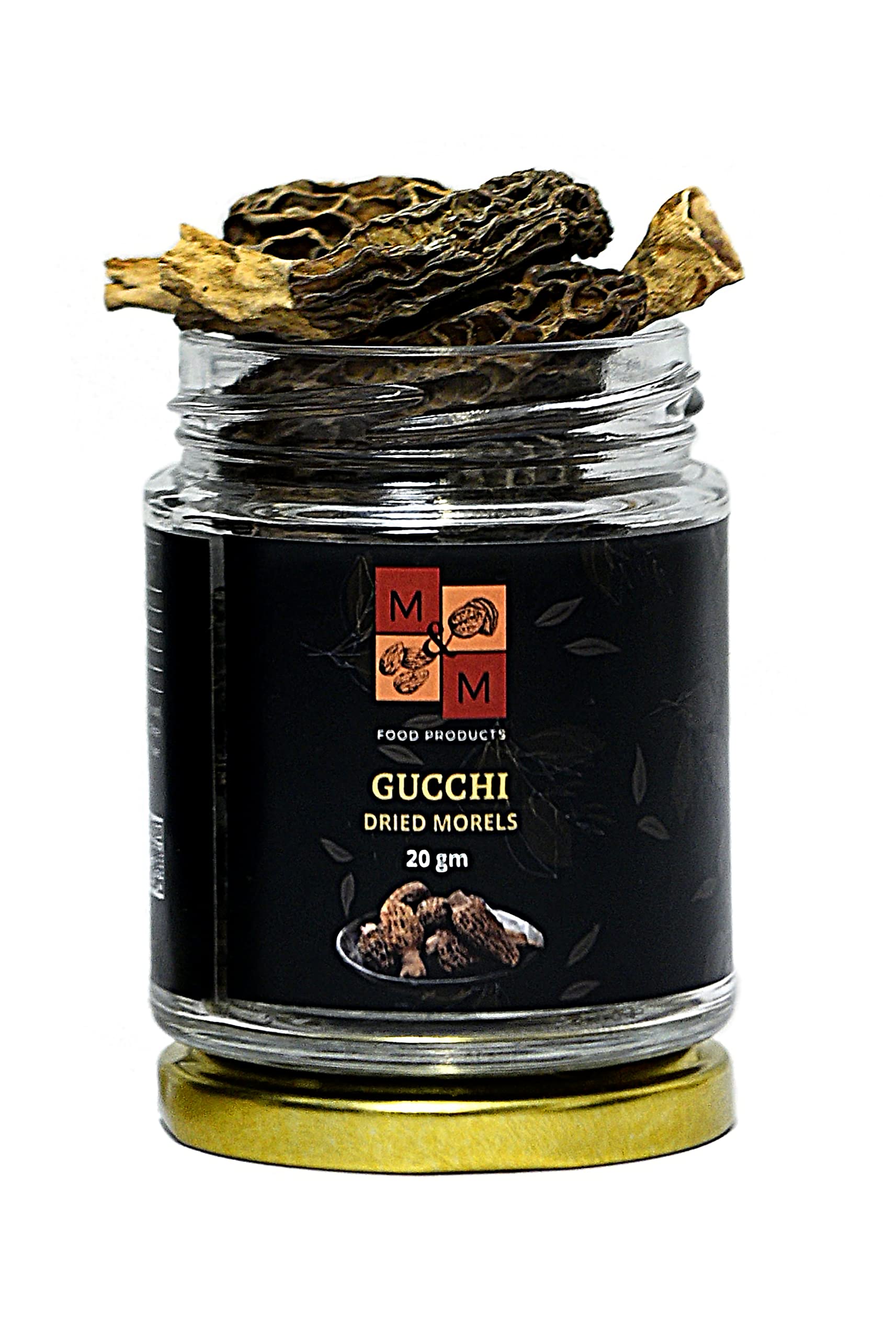 M&M Food Products, Gucchi Mushrooms (Morel Mushrooms, Guchi, Gucci) – Wild, Dried, Himalayan Morchella, Sun-Dried & Aromatic, Gourmet Superfood, 20g Glass Jar