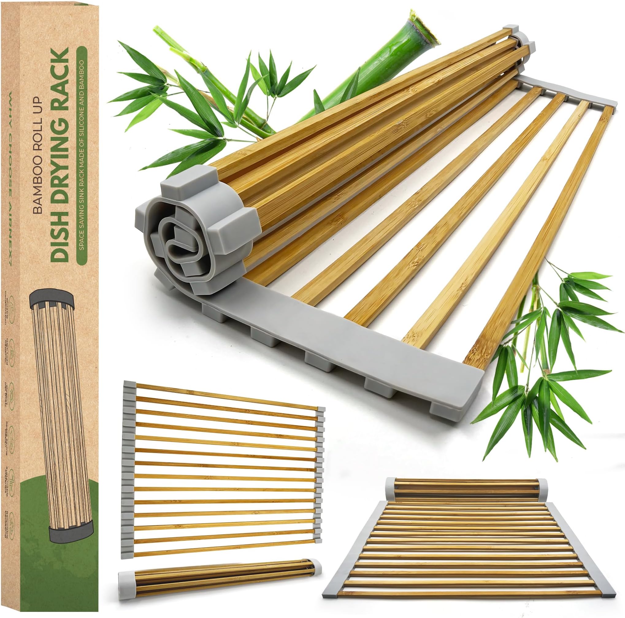AIRNEX Bamboo Sink Drying Rack, Roll Up Dish Drying Rack Over The Sink Kitchen, Wooden Over The Sink Drying Rack for Kitchen Sink, Roll Out Sink Drainers, Kitchen Sink Accessories (17.5 x 12.1 in)